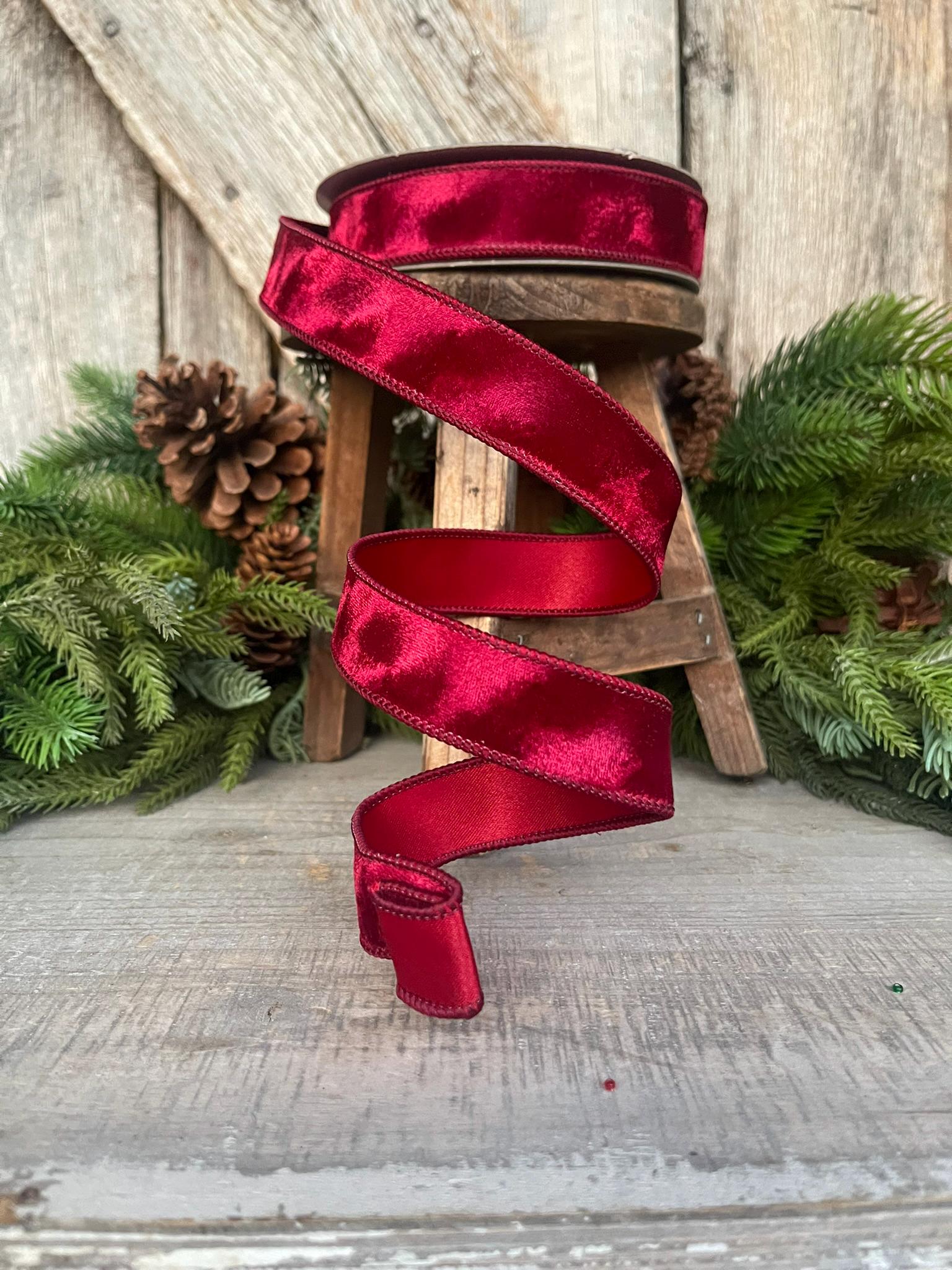 1” Burgundy Silken Velvet Ribbon, Farrisilk ribbon, Velvet ribbon, Christmas Ribbon, Wired Ribbon, maroon velvet, Velvet ribbon,Fall Ribbon