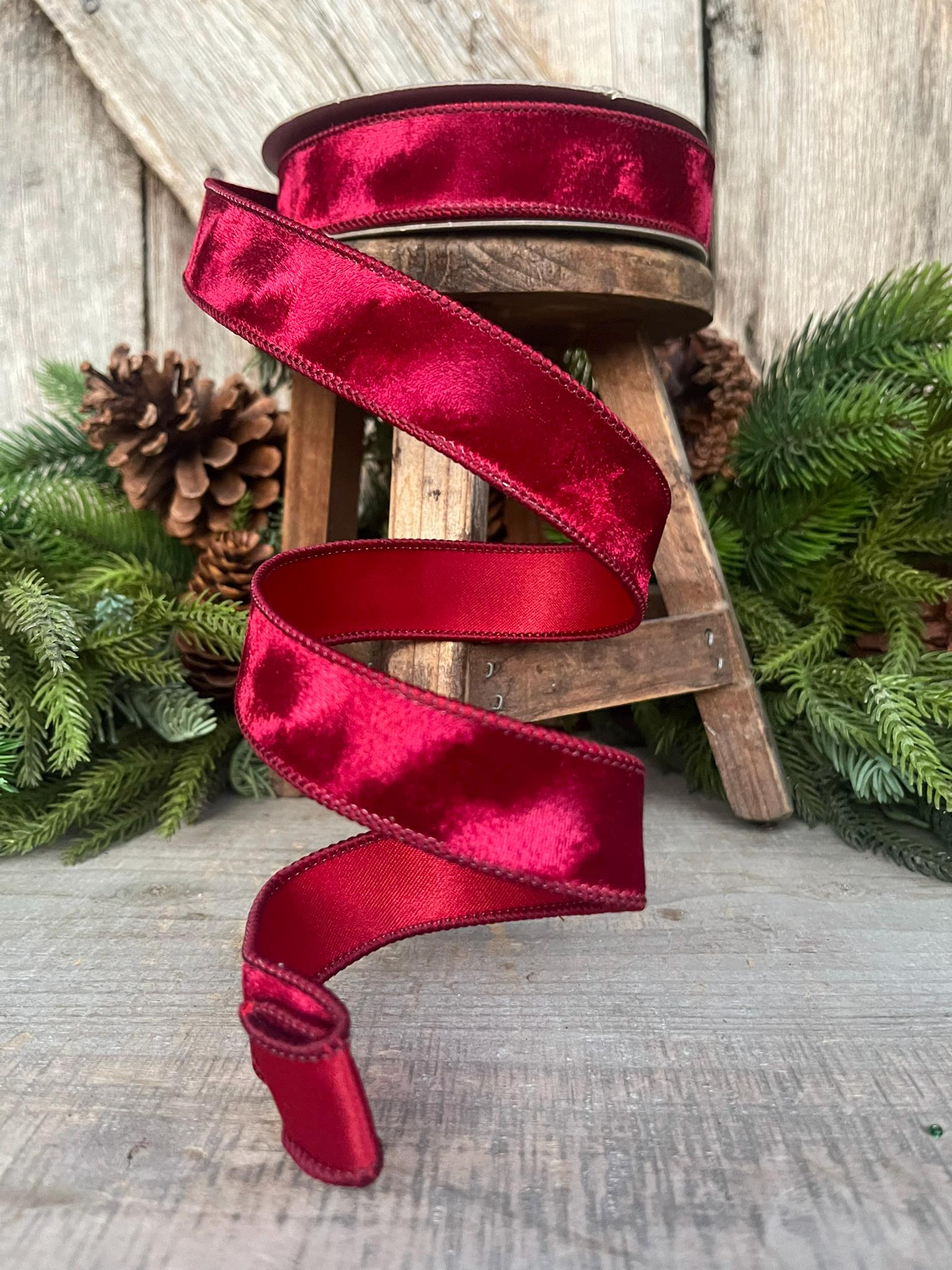 1” Burgundy Silken Velvet Ribbon, Farrisilk ribbon, Velvet ribbon, Christmas Ribbon, Wired Ribbon, maroon velvet, Velvet ribbon,Fall Ribbon