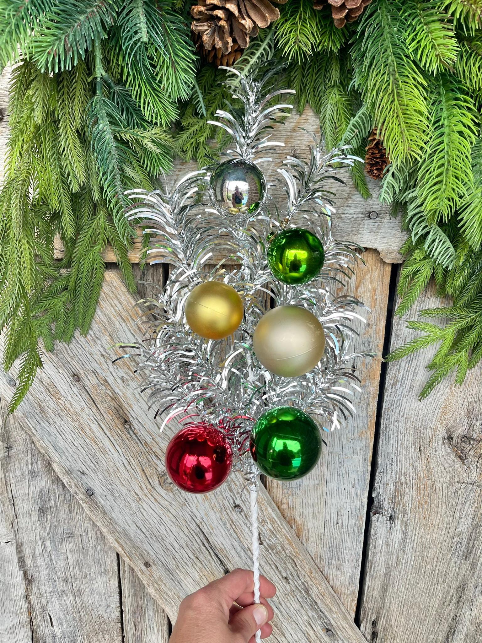 24" Silver Tinsel Spray, Ornament Spray, Vintage Christmas Spray, Retro Christmas Spray, Silver Christmas Pine Spray, 84586