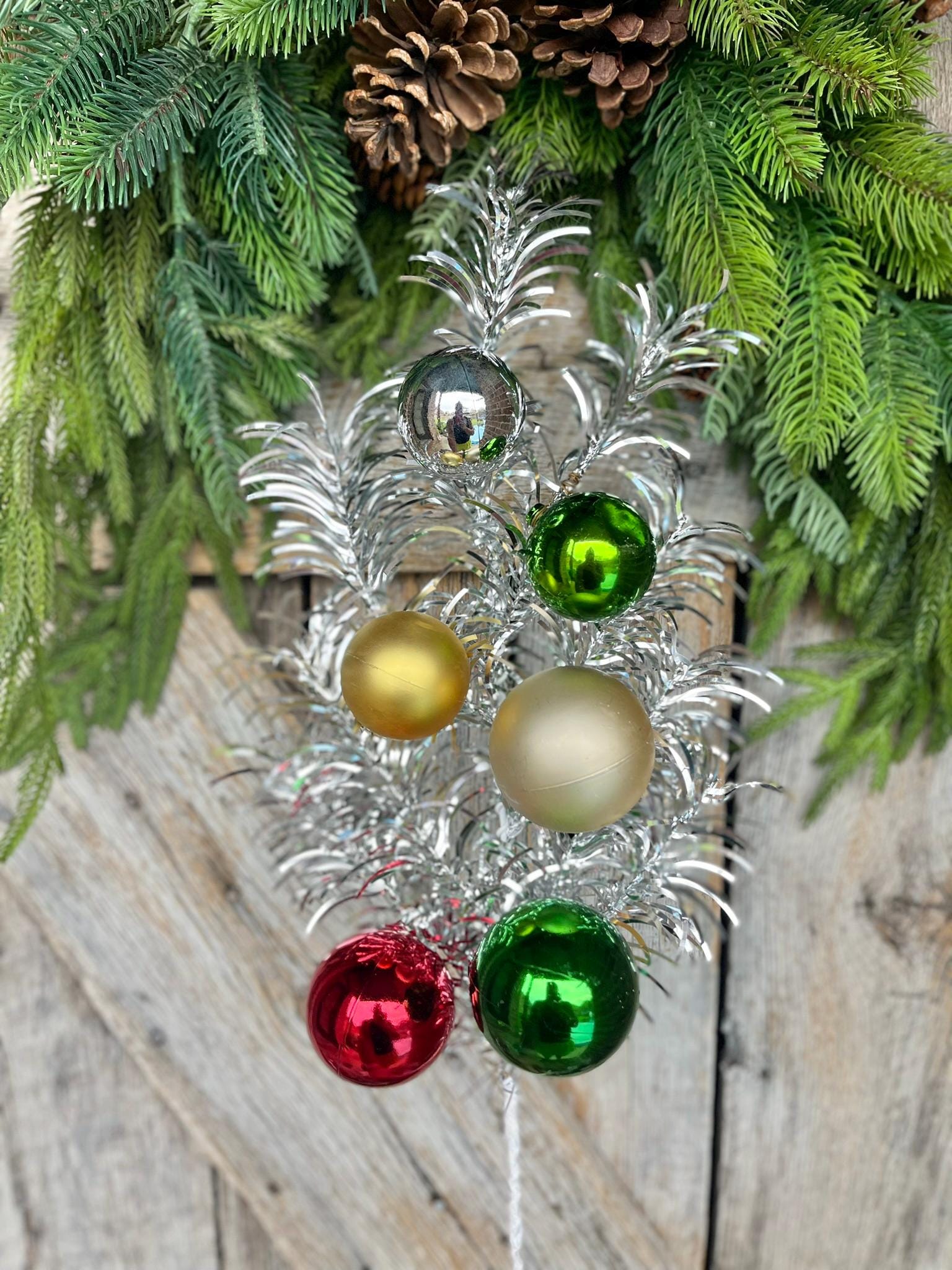 24" Silver Tinsel Spray, Ornament Spray, Vintage Christmas Spray, Retro Christmas Spray, Silver Christmas Pine Spray, 84586