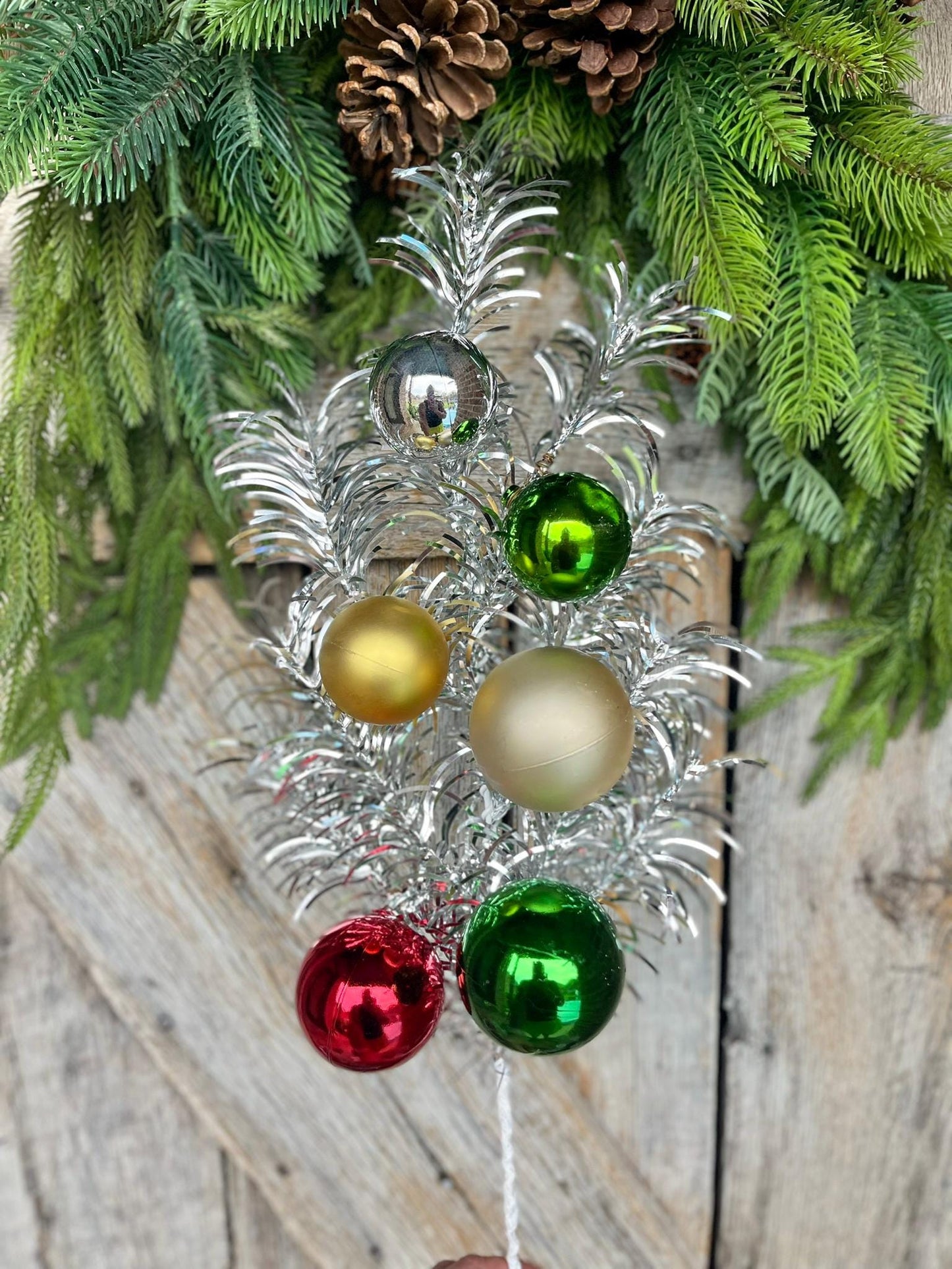 24" Silver Tinsel Spray, Ornament Spray, Vintage Christmas Spray, Retro Christmas Spray, Silver Christmas Pine Spray, 84586