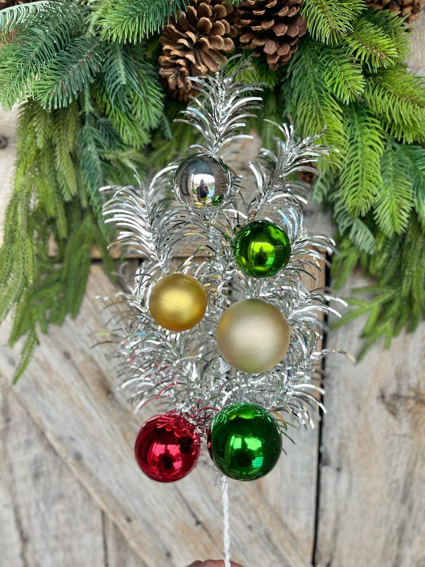 24" Silver Tinsel Spray, Ornament Spray, Vintage Christmas Spray, Retro Christmas Spray, Silver Christmas Pine Spray, 84586