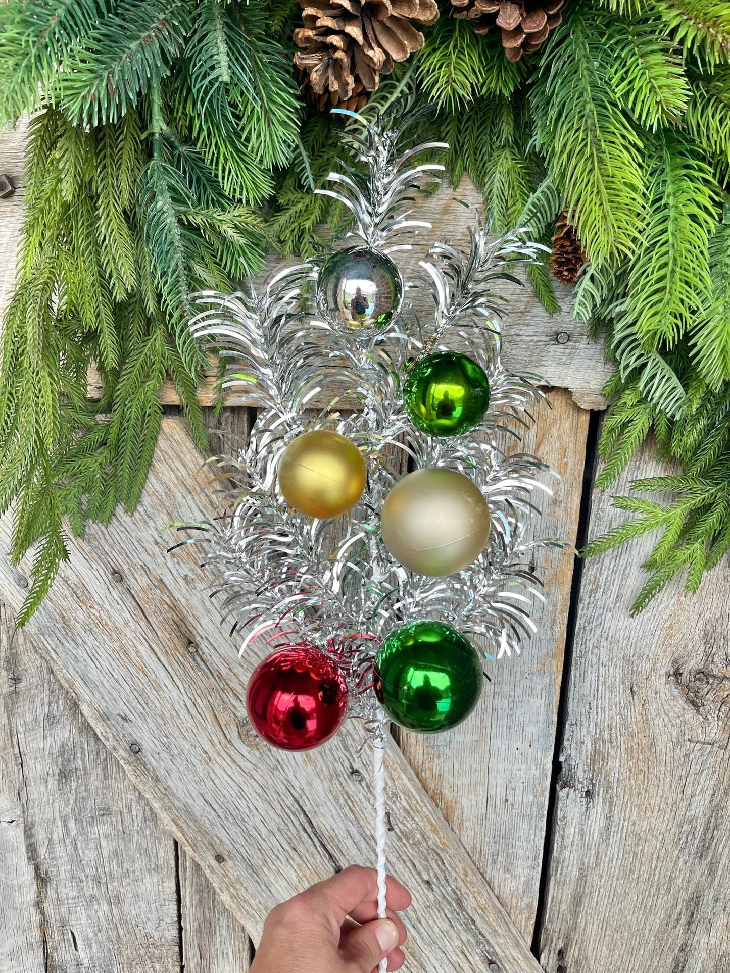 24" Silver Tinsel Spray, Ornament Spray, Vintage Christmas Spray, Retro Christmas Spray, Silver Christmas Pine Spray, 84586