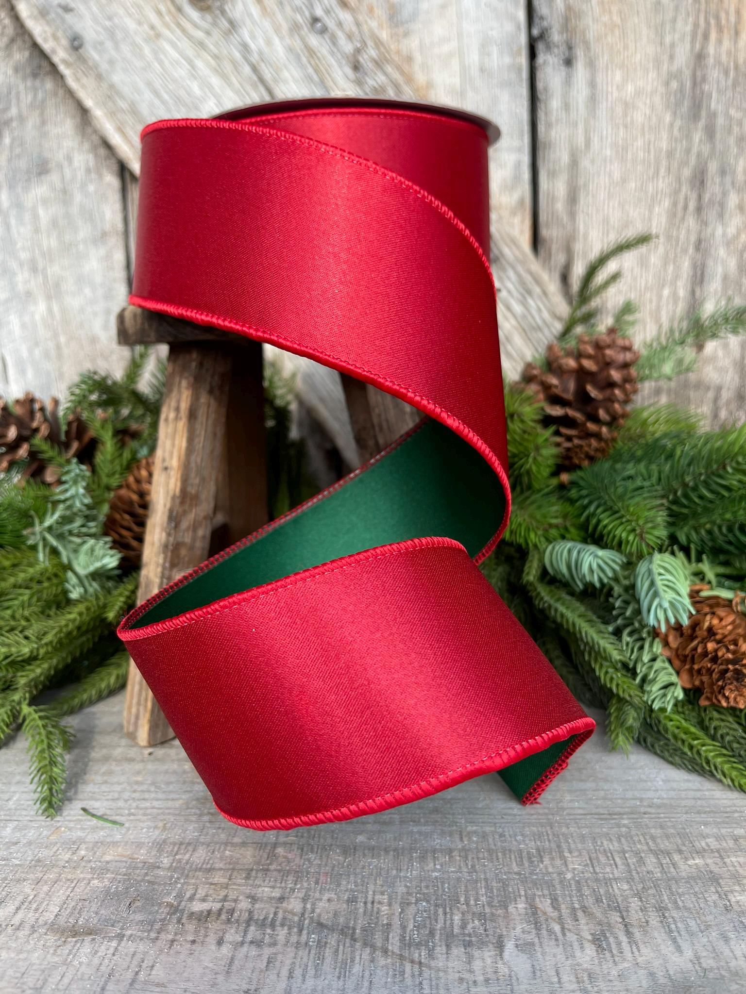 2.5 Red Green Satin Duo Ribbon, Farrisilk Ribbon, Christmas Ribbon, Double Sided Ribbon, Wired RIbbon, Designer Ribbon, RS163-48