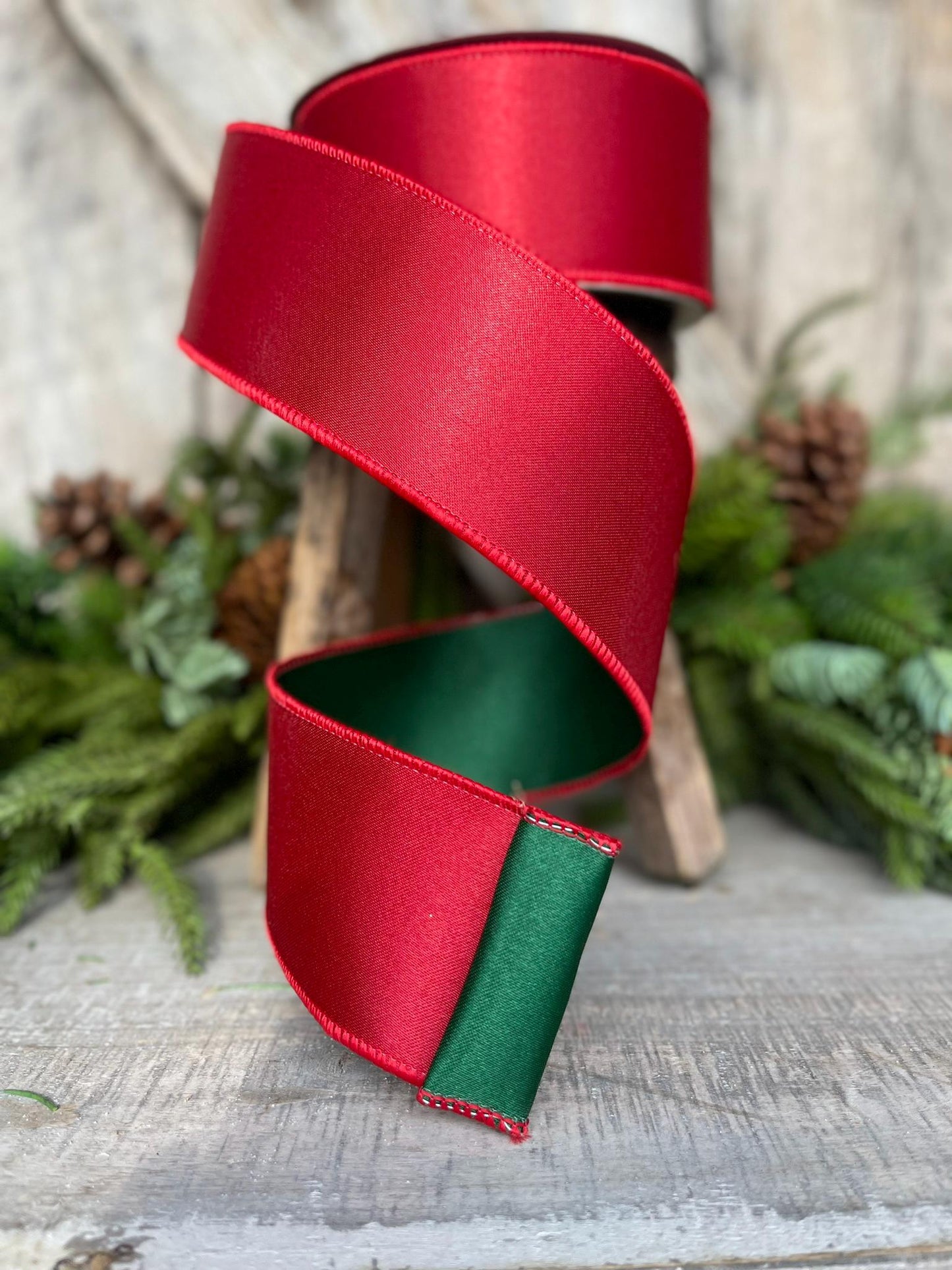 2.5 Red Green Satin Duo Ribbon, Farrisilk Ribbon, Christmas Ribbon, Double Sided Ribbon, Wired RIbbon, Designer Ribbon, RS163-48