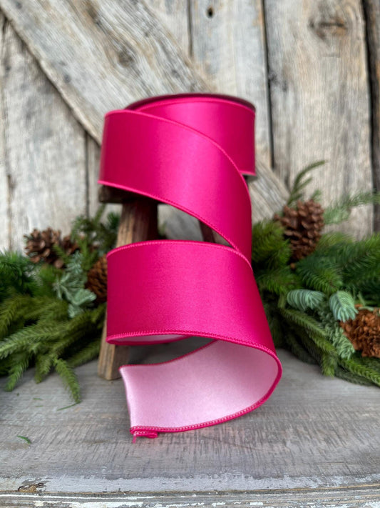 2.5" Hot Pink Light Pink Wired Satin Ribbon, Farrisilk Ribbon, Duo Satin Ribbon, Designer Ribbon, Pink Ribbon, hot pink, Craft Supply