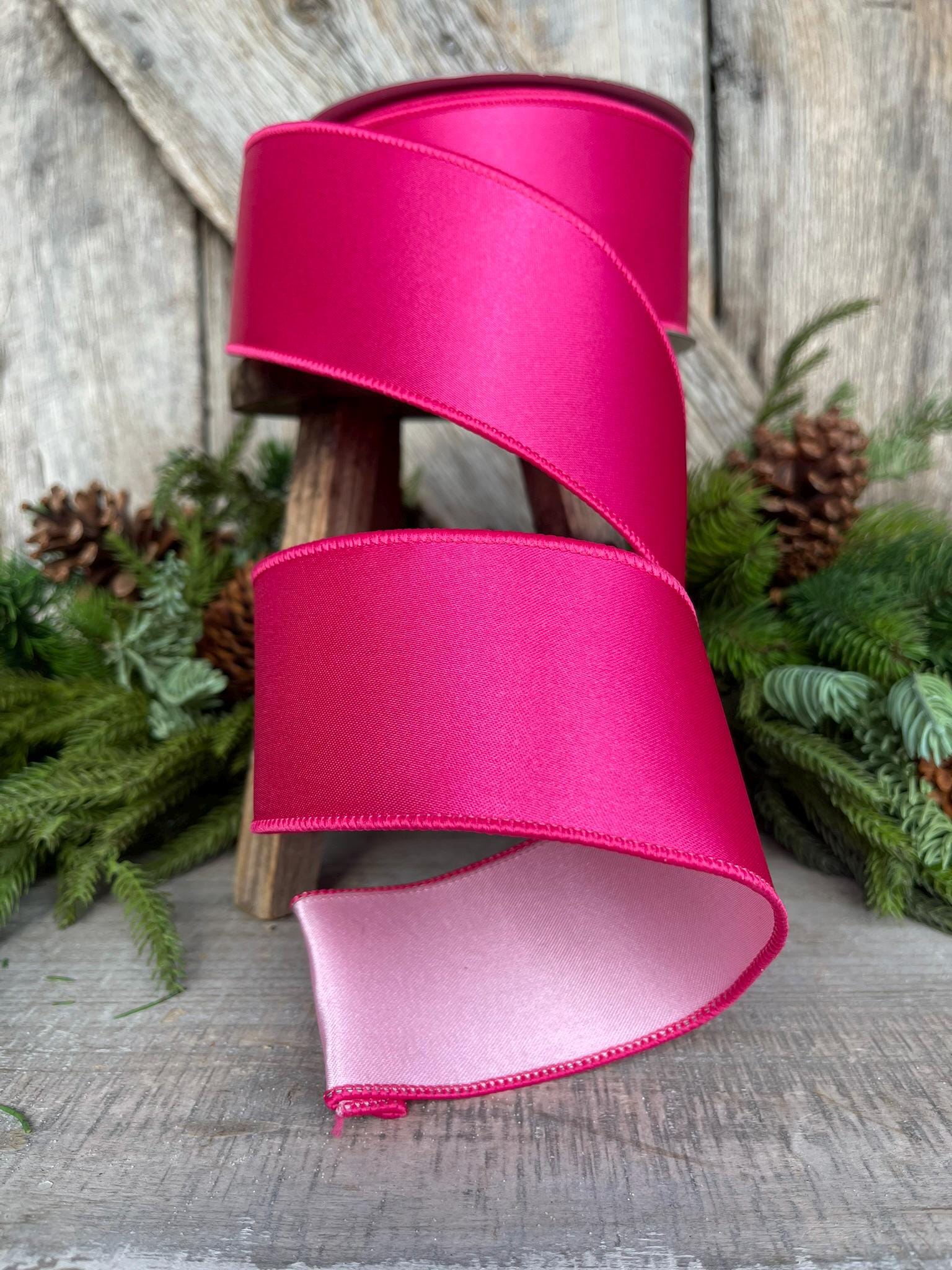 2.5" Hot Pink Light Pink Wired Satin Ribbon, Farrisilk Ribbon