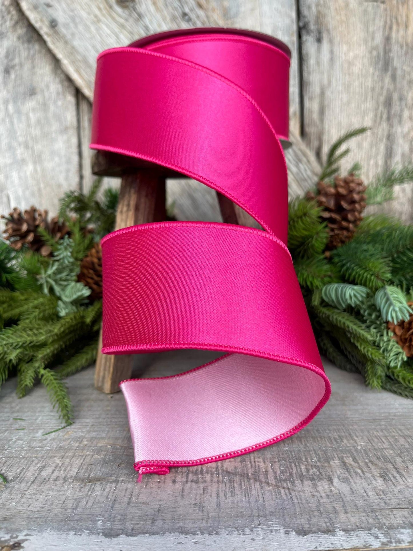 2.5" Hot Pink Light Pink Wired Satin Ribbon, Farrisilk Ribbon