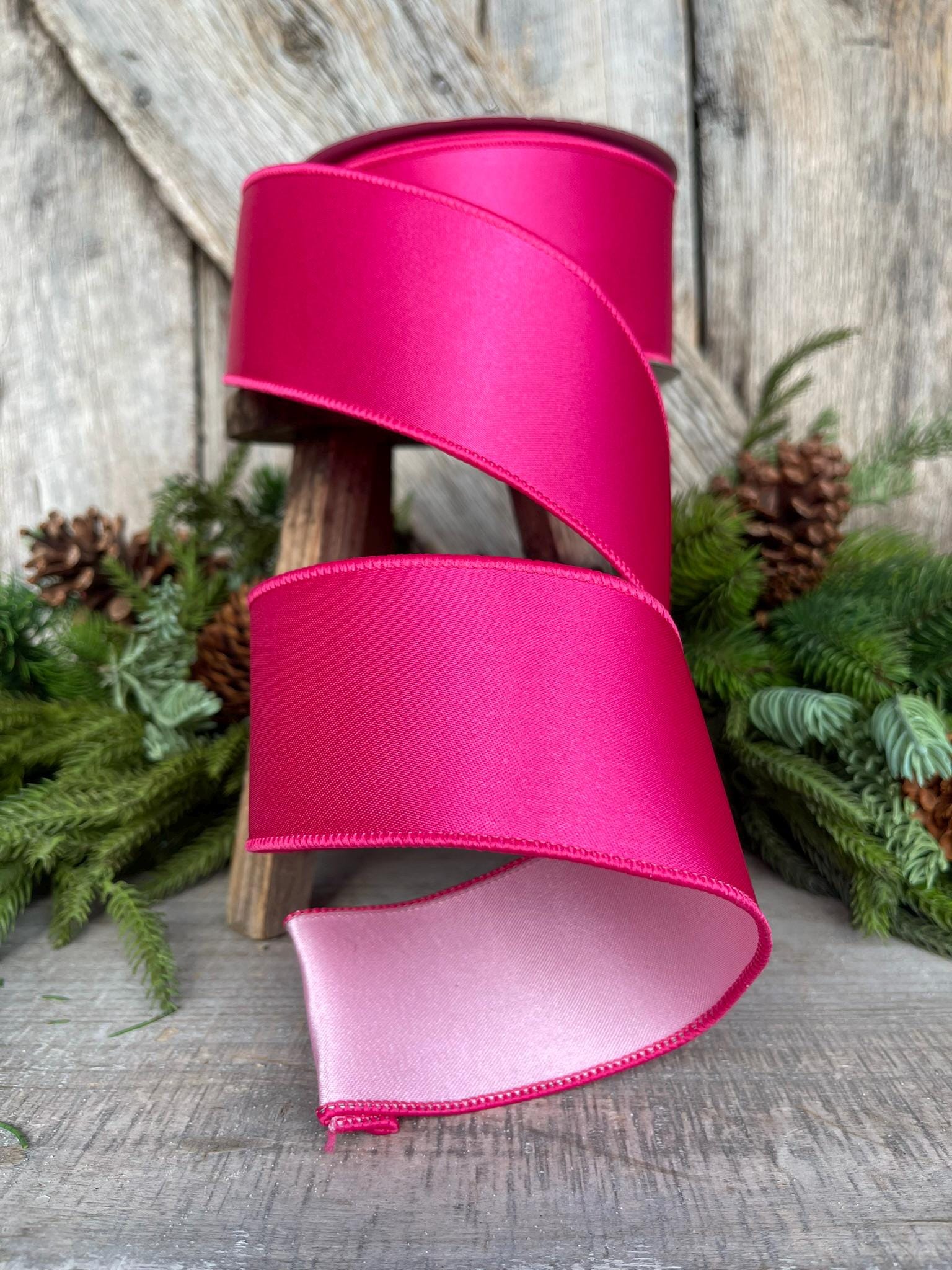 2.5" Hot Pink Light Pink Wired Satin Ribbon, Farrisilk Ribbon