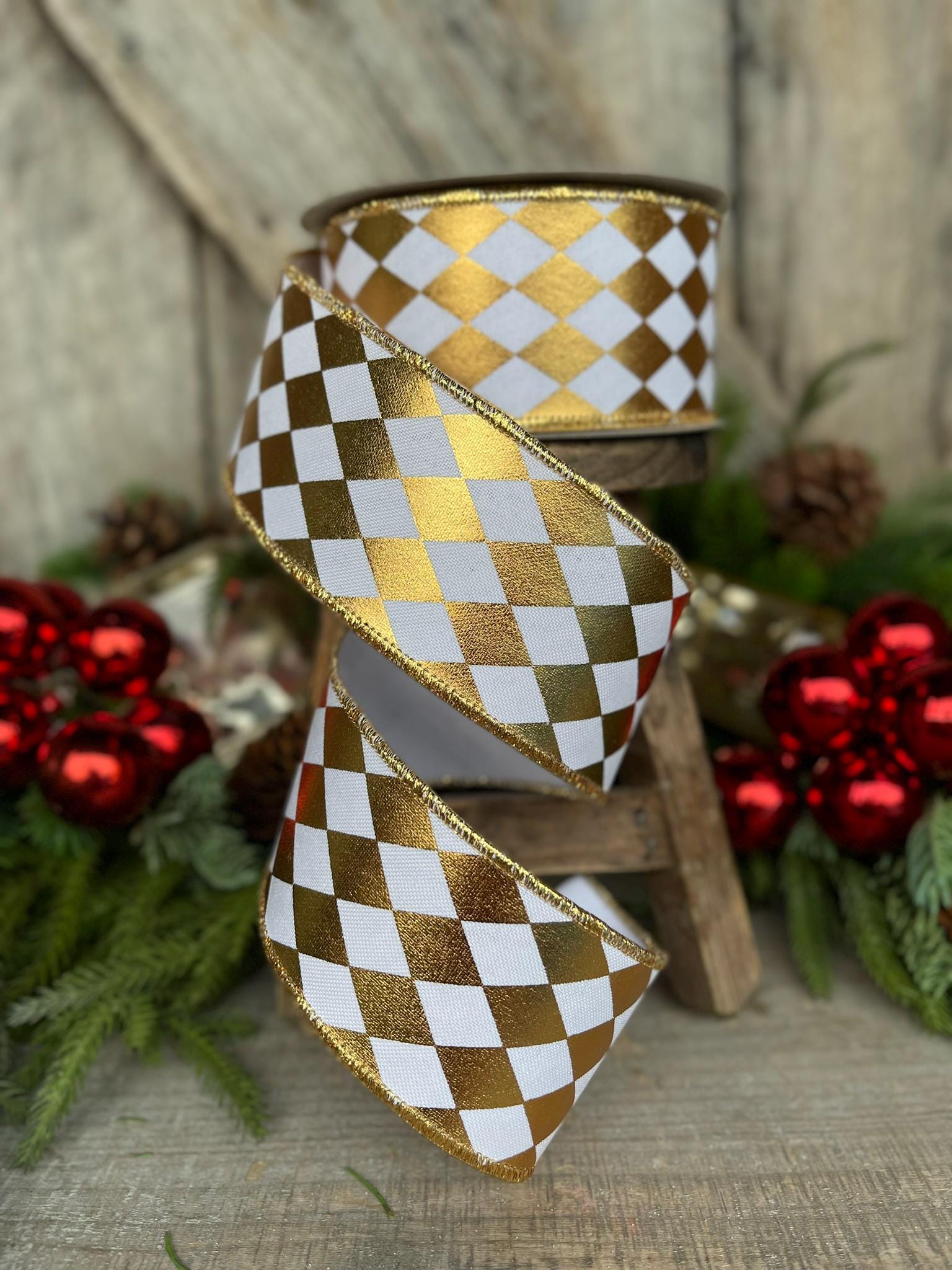 2.5" Gold Foil Harlequin Ribbon, Farrisilk Ribbon, Jester Diamonds, Christmas Ribbon, Gold Ribbon, RA746-50