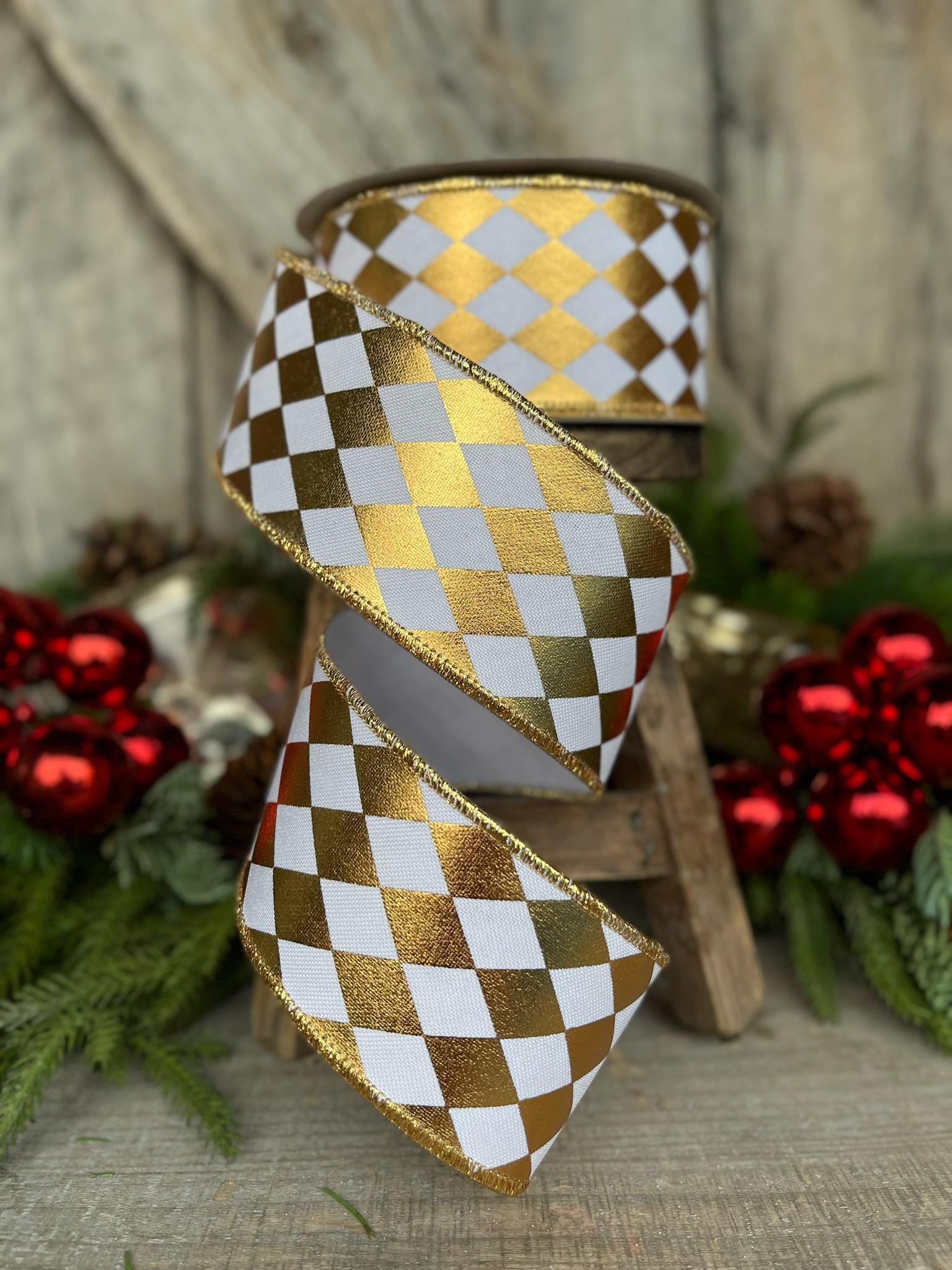 2.5" Gold Foil Harlequin Ribbon, Farrisilk Ribbon, Jester Diamonds, Christmas Ribbon, Gold Ribbon, RA746-50