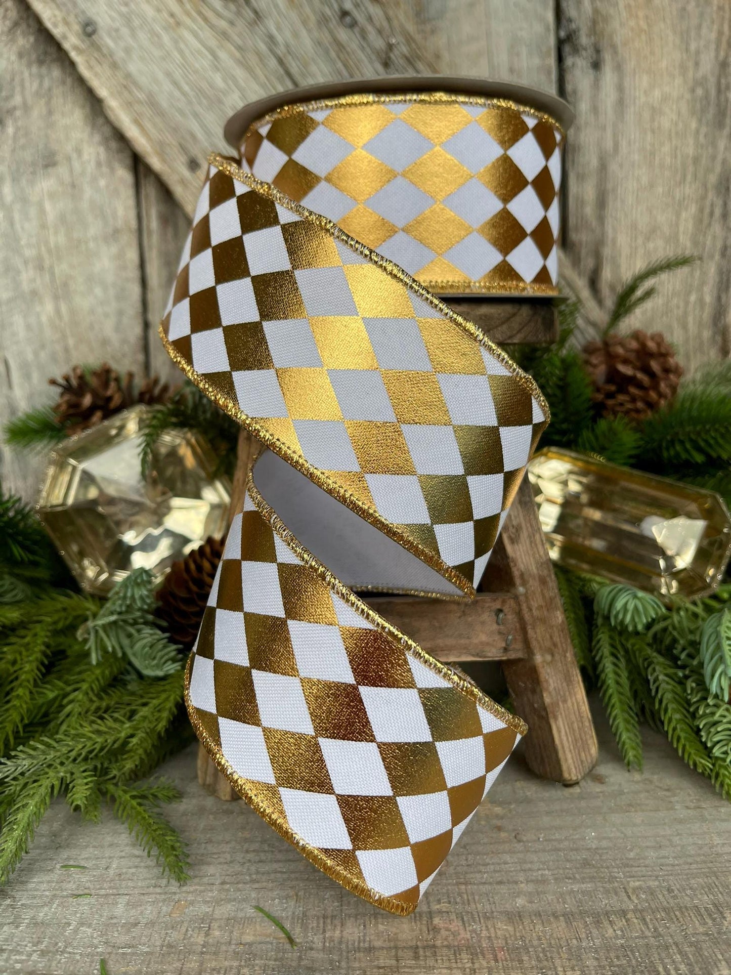 2.5" Gold Foil Harlequin Ribbon, Farrisilk Ribbon, Jester Diamonds, Christmas Ribbon, Gold Ribbon, RA746-50