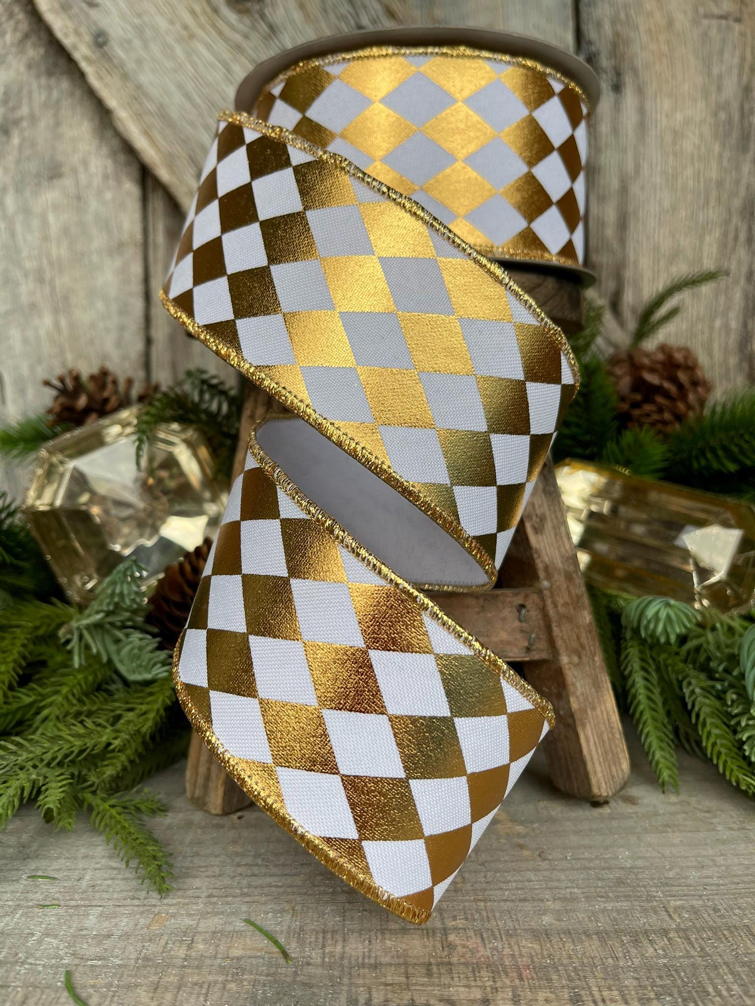 2.5" Gold Foil Harlequin Ribbon, Farrisilk Ribbon, Jester Diamonds, Christmas Ribbon, Gold Ribbon, RA746-50