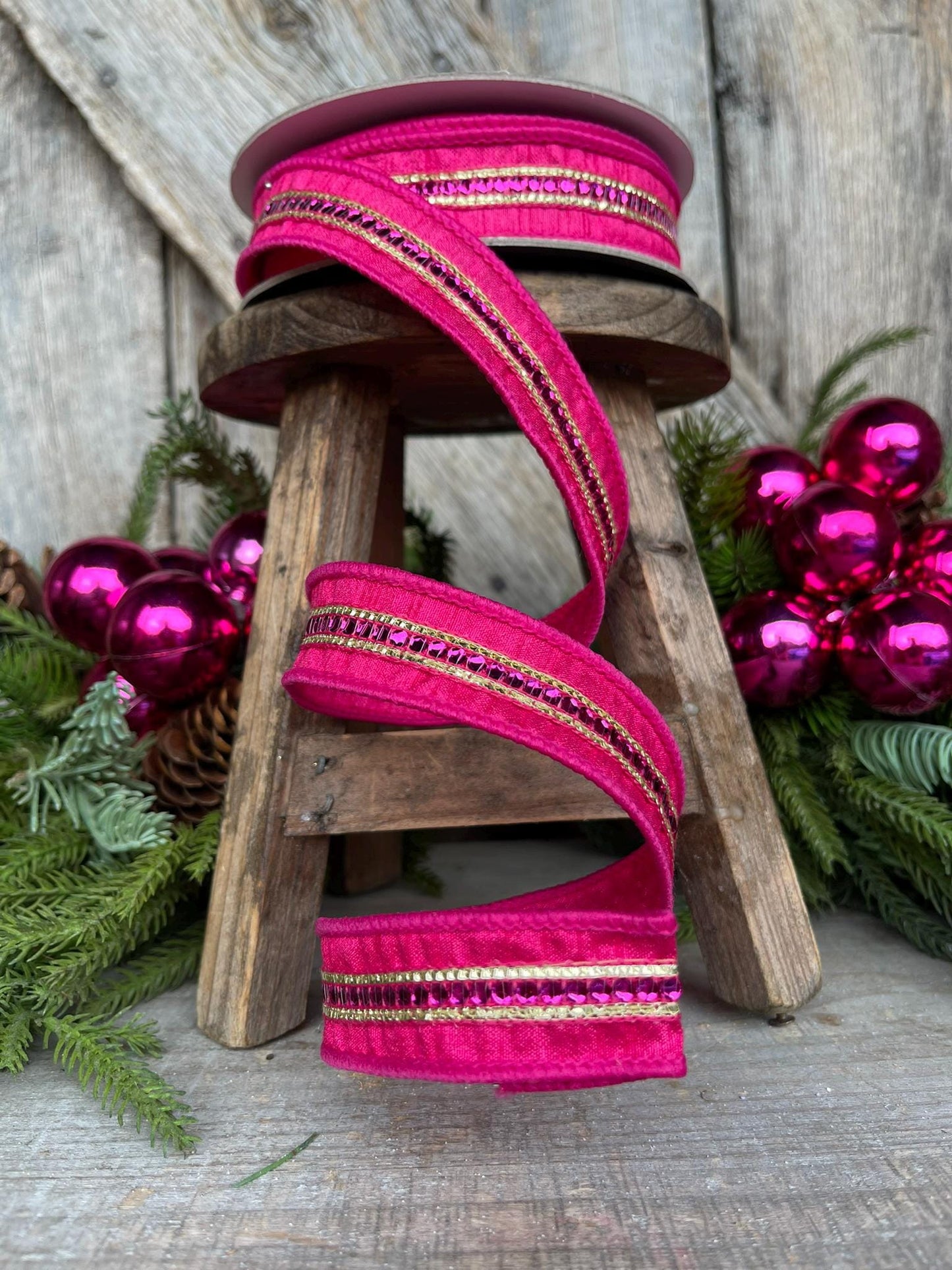 1" Hot Pink Twinkle Trim Ribbon, Farrisilk ribbon, Pink Jeweled RIbbon, Hot Pink Ribbon, Pink Christmas Ribbon, Designer RIbbon, RK756-15