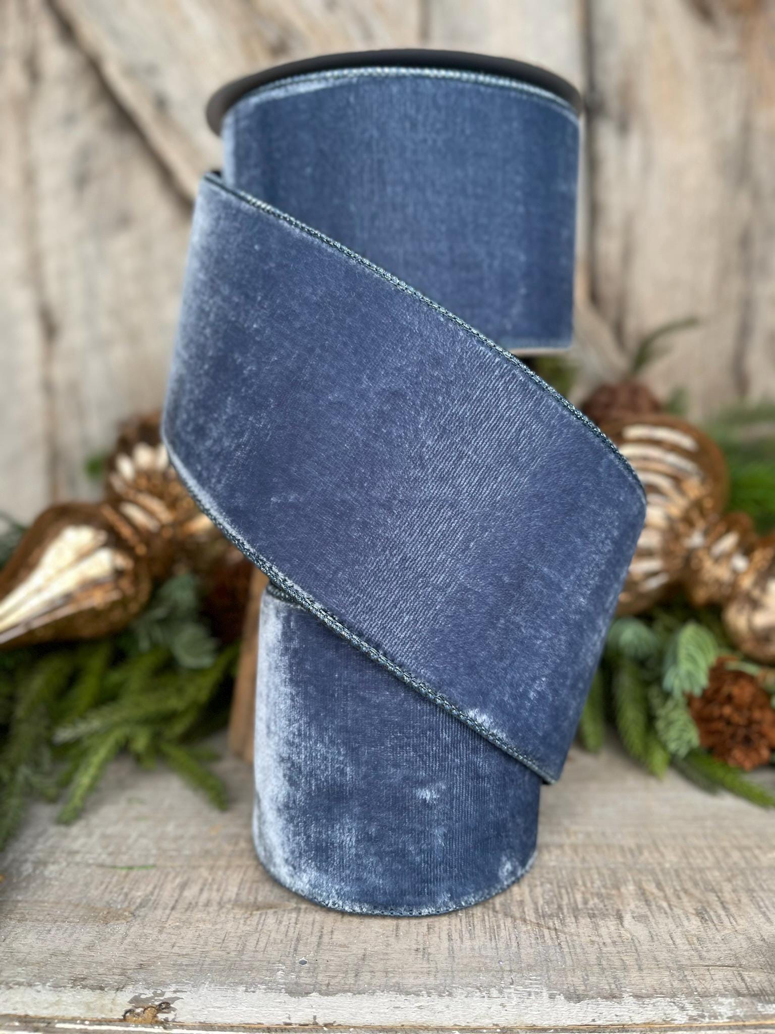 4” Steel Blue Velvet Ribbon, Velvet ribbon, Christmas Ribbon, Wired Ribbon, Winter Ribbon, Blue Ribbon, Velvet ribbon, Christmas tree decor