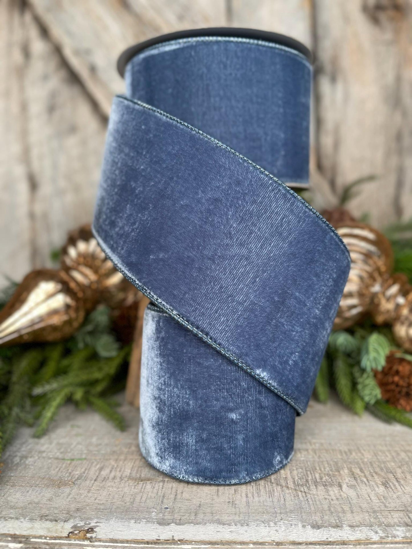 4” Steel Blue Velvet Ribbon, Velvet ribbon, Christmas Ribbon, Wired Ribbon, Winter Ribbon, Blue Ribbon, Velvet ribbon, Christmas tree decor