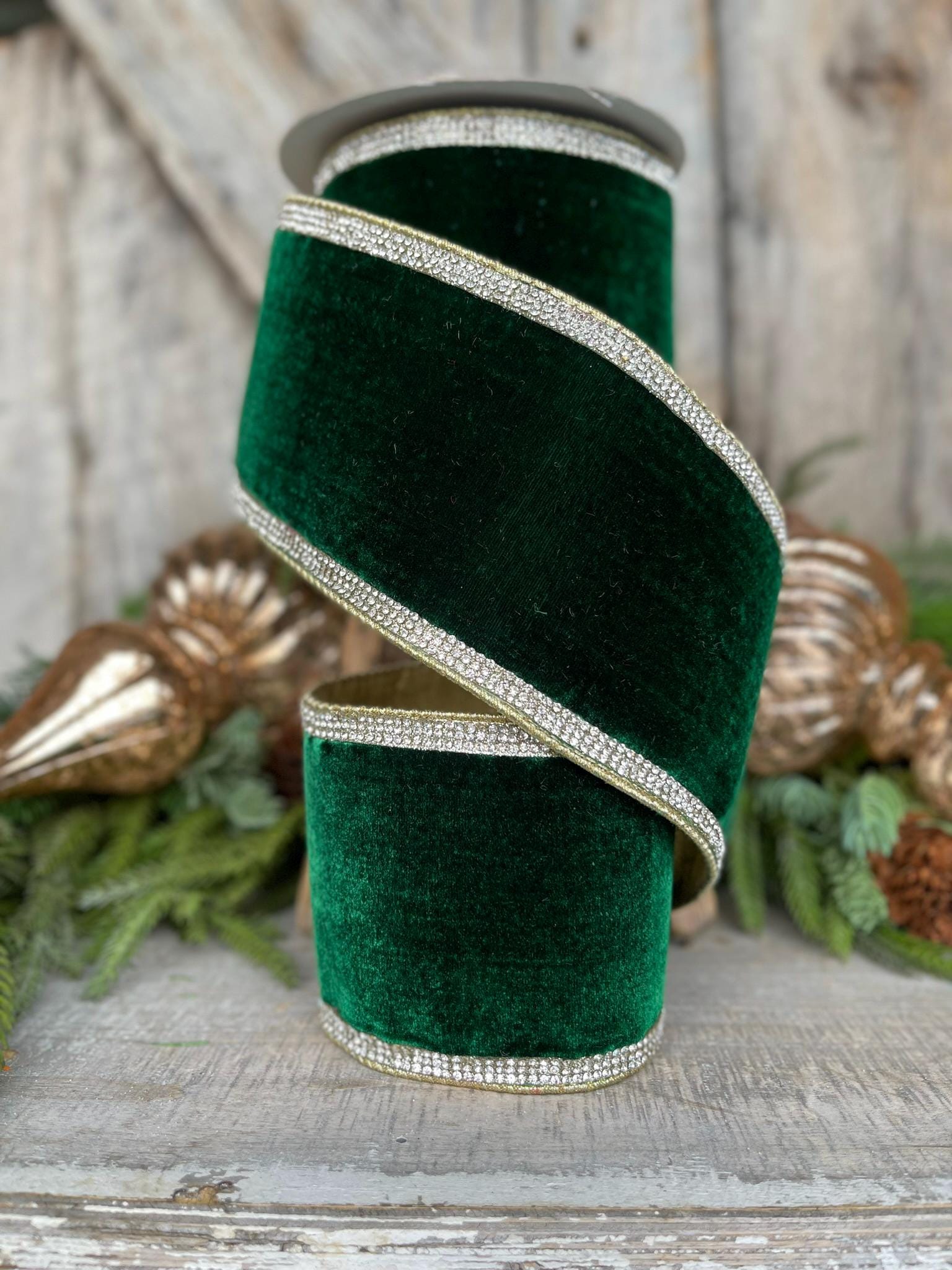 4" Emerald Green Velvet Ribbonn, Farrisilk Ribbon, Winter Diamonds Ribbon, Rhinestone Trim Ribbon, Christmas Ribbon, RK682-55