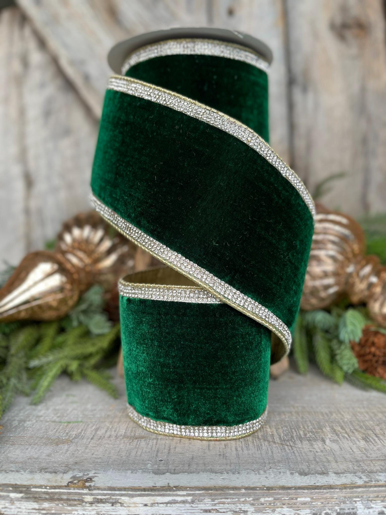 4" Emerald Green Velvet Ribbonn, Farrisilk Ribbon, Winter Diamonds Ribbon, Rhinestone Trim Ribbon, Christmas Ribbon, RK682-55