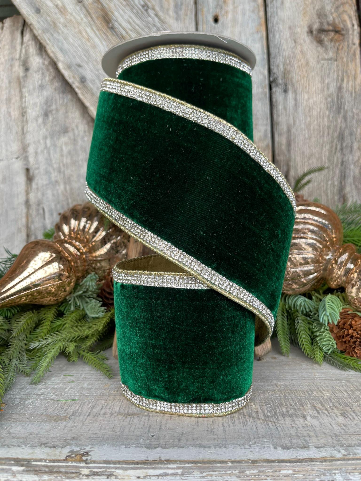 4" Emerald Green Velvet Ribbonn, Farrisilk Ribbon, Winter Diamonds Ribbon, Rhinestone Trim Ribbon, Christmas Ribbon, RK682-55