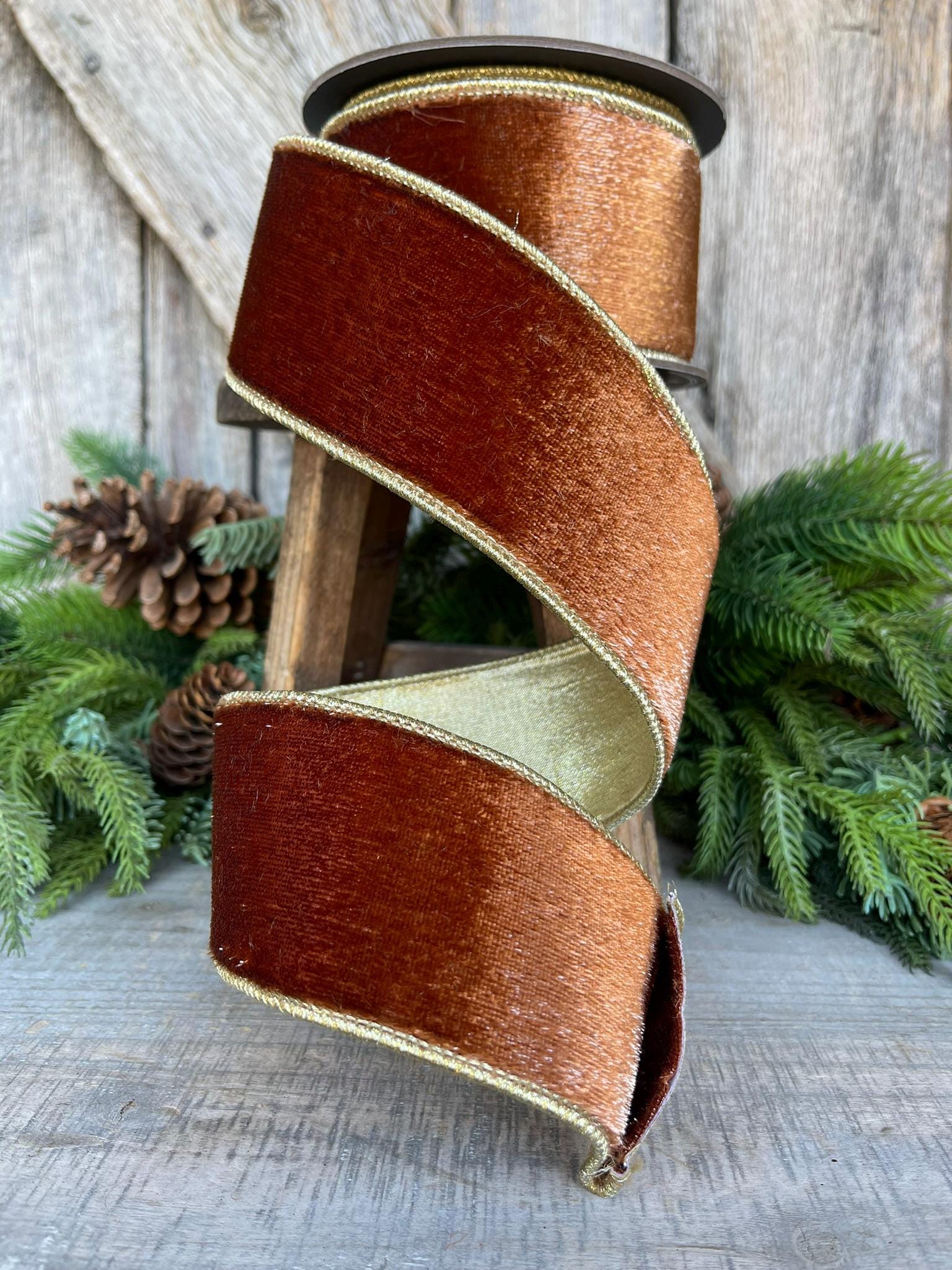 2.5” Bronze Wired Velvet Ribbon, 5 yards, Wired ribbon, Woodsy ribbon, Christmas ribbon, wired ribbon, designer ribbon, wreath supply