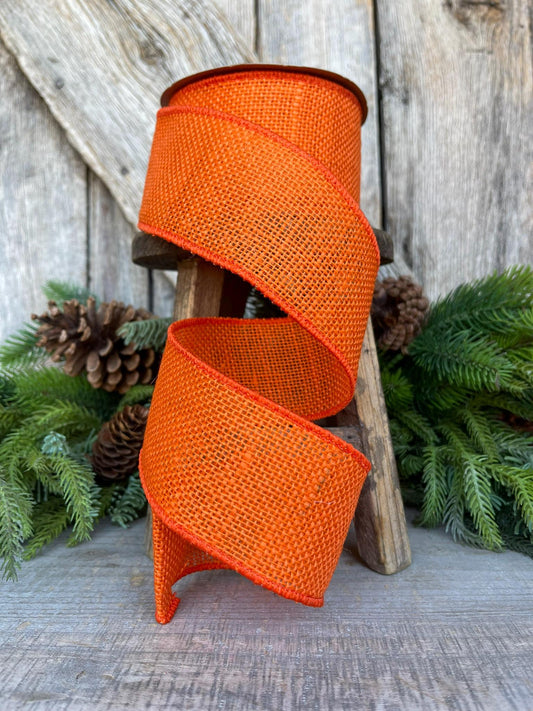 2.5" Orange Burlap Ribbon, Wired RIbbon, Fall Ribbon, Halloween Ribbon, BUrlap Ribbon, Orange Ribbon