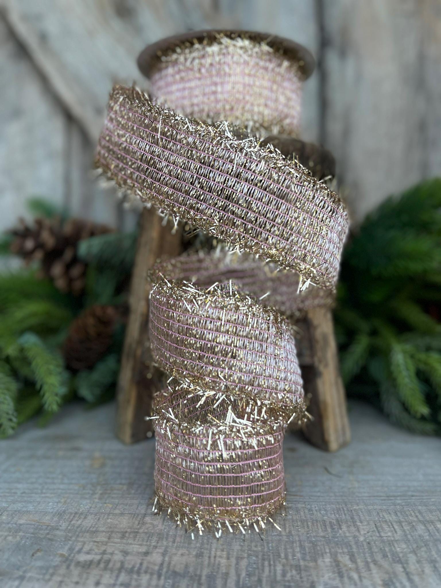 2" Pink Twinkle Tinsel Trim Ribbon, Farrisilk Ribbon, Christmas RIbbon, Light Pink Ribbon, RS135-14, Rose Gold Ribbon