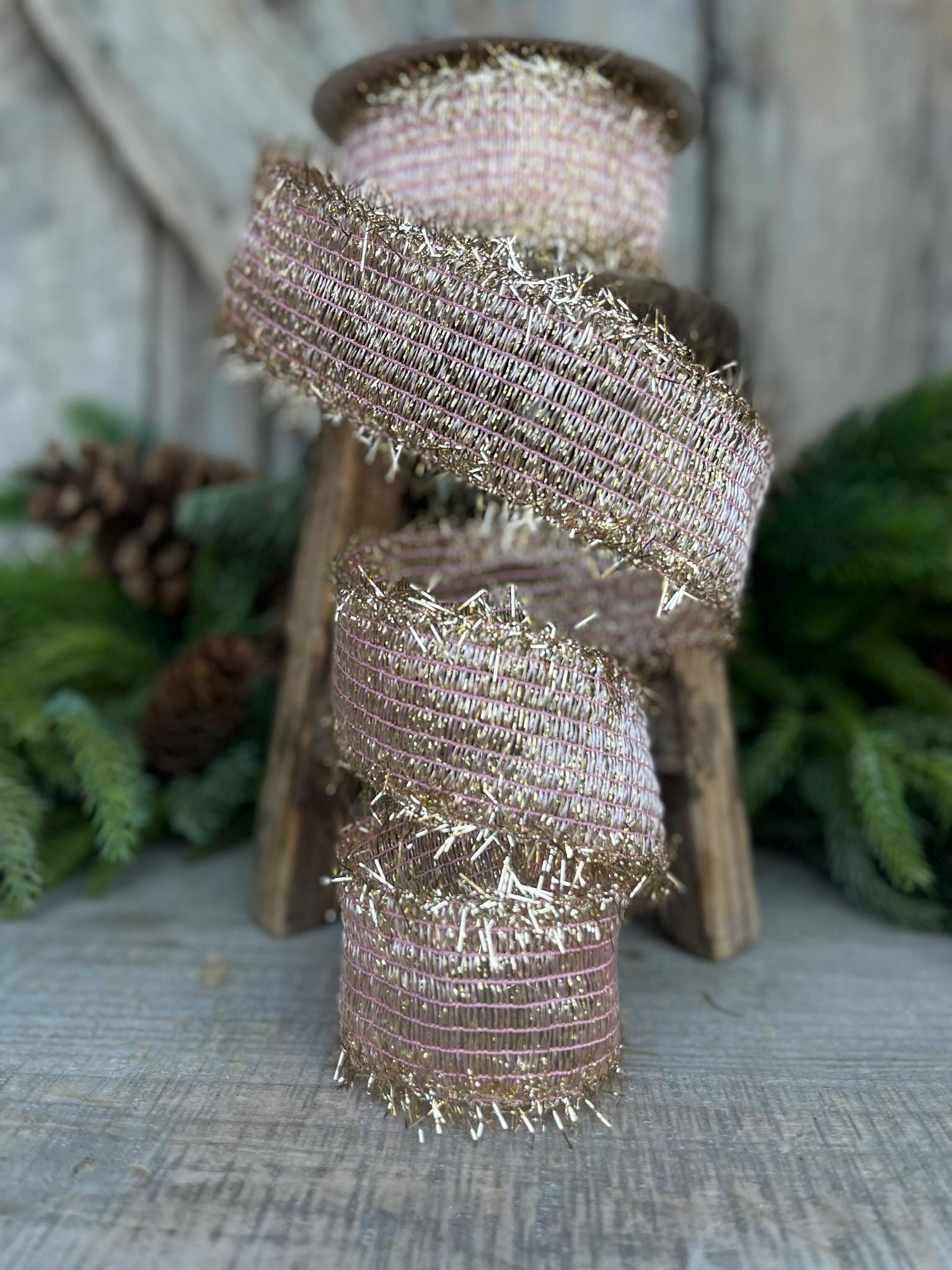 2" Pink Twinkle Tinsel Trim Ribbon, Farrisilk Ribbon, Christmas RIbbon, Light Pink Ribbon, RS135-14, Rose Gold Ribbon