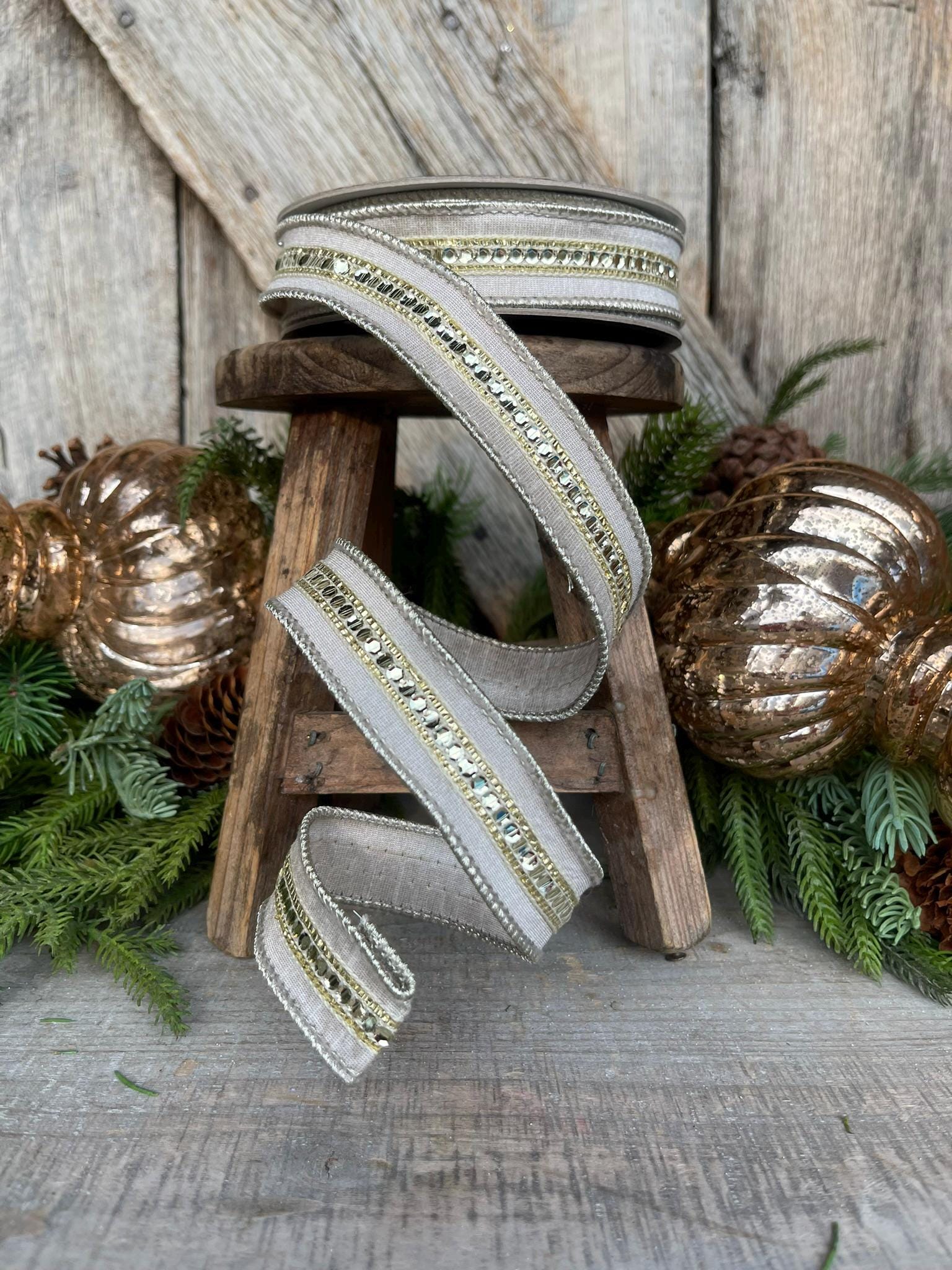 1" Platinum GoldTwinkle Trim Ribbon, Farrisilk ribbon, Platinum Jeweled RIbbon, Champagne Gold Ribbon, Gold Christmas Ribbon,Designer RIbbon