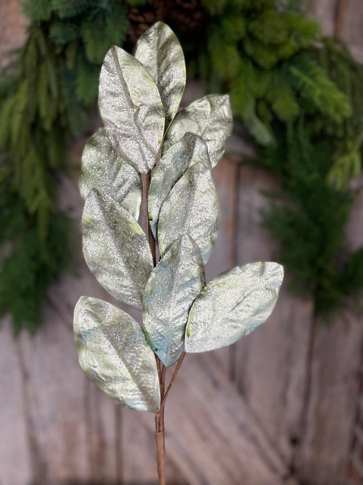 30" Aqua Glitter Metallic Magnolia Leaf Spray, Christmas Spray, Christmas Tree Spray, MTX64438