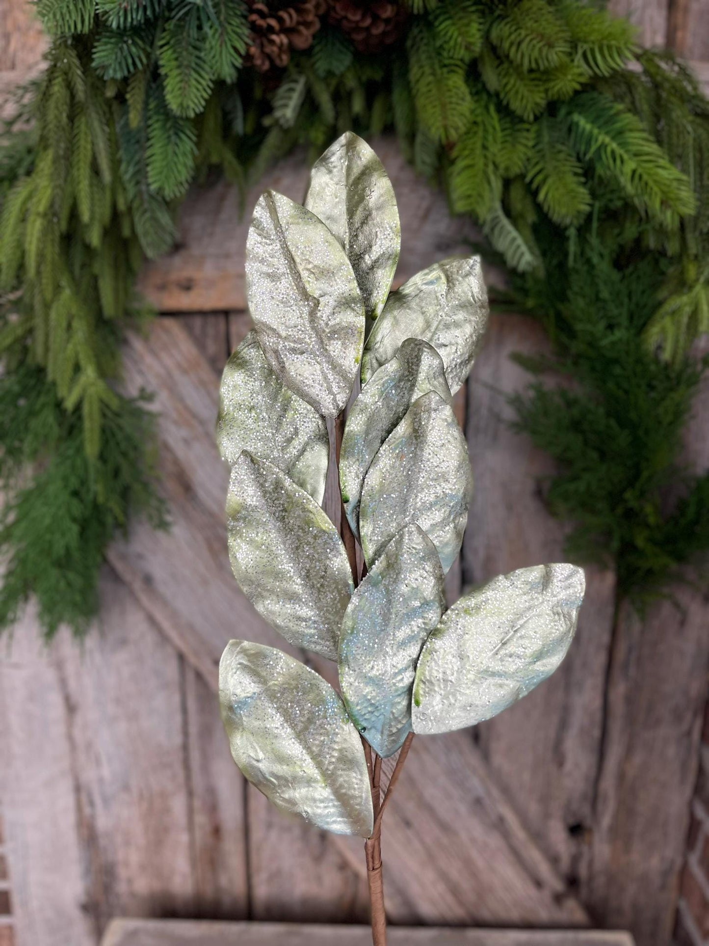 30" Aqua Glitter Metallic Magnolia Leaf Spray, Christmas Spray, Christmas Tree Spray, MTX64438