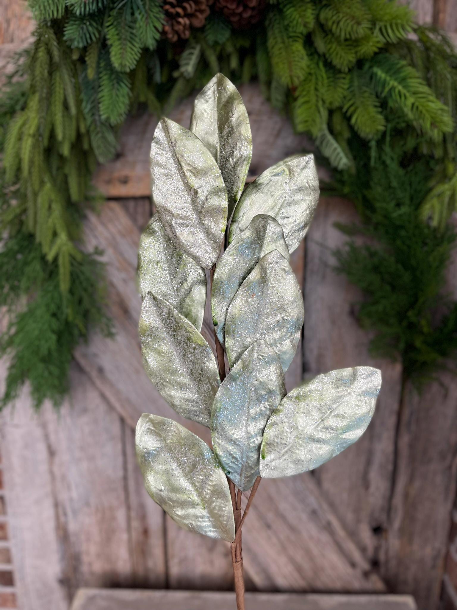 30" Aqua Glitter Metallic Magnolia Leaf Spray, Christmas Spray, Christmas Tree Spray, MTX64438