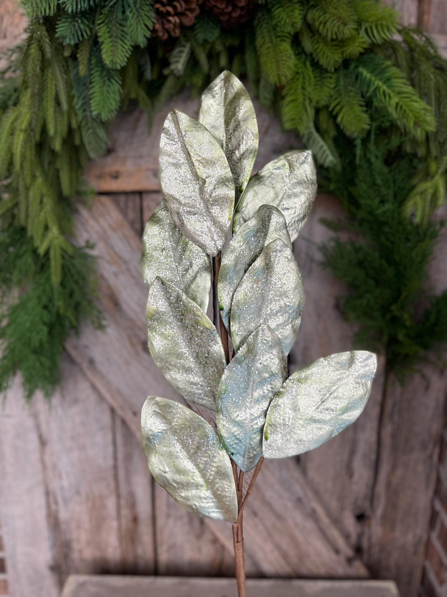 30" Aqua Glitter Metallic Magnolia Leaf Spray, Christmas Spray, Christmas Tree Spray, MTX64438