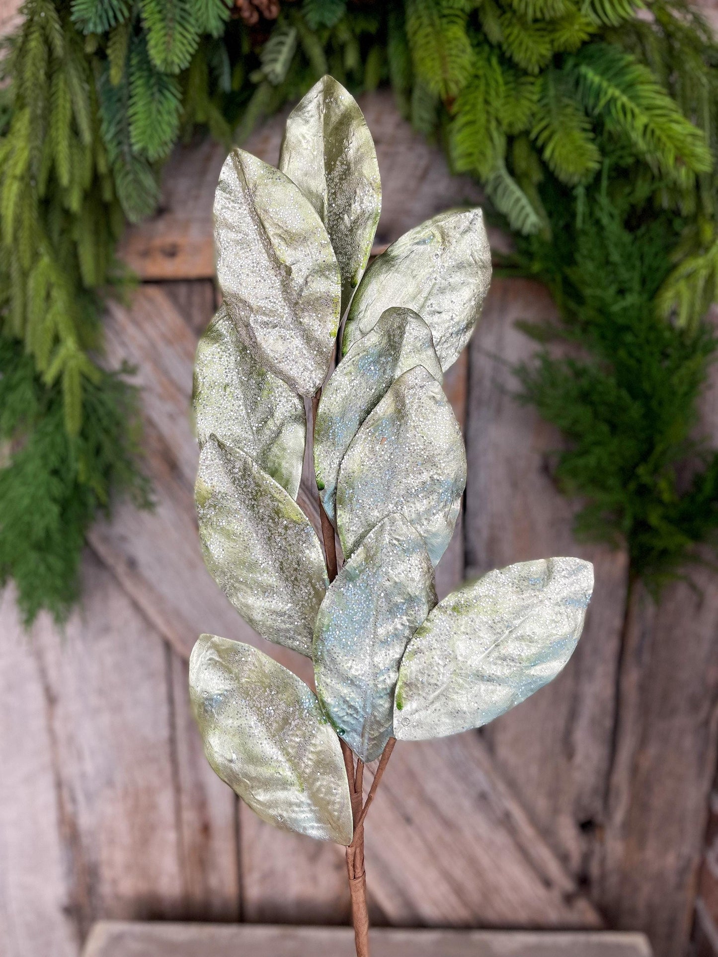 30" Aqua Glitter Metallic Magnolia Leaf Spray, Christmas Spray, Christmas Tree Spray, MTX64438