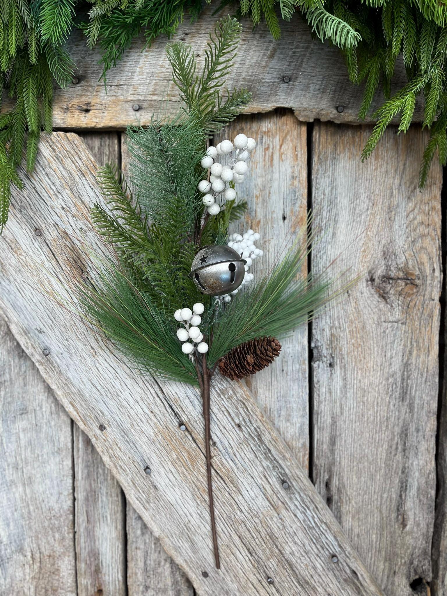 26" Pine Berry Bell Spray, Artificial Pine Spray, White Berry Spray, Christmas Pine, Winter Pine, 64222