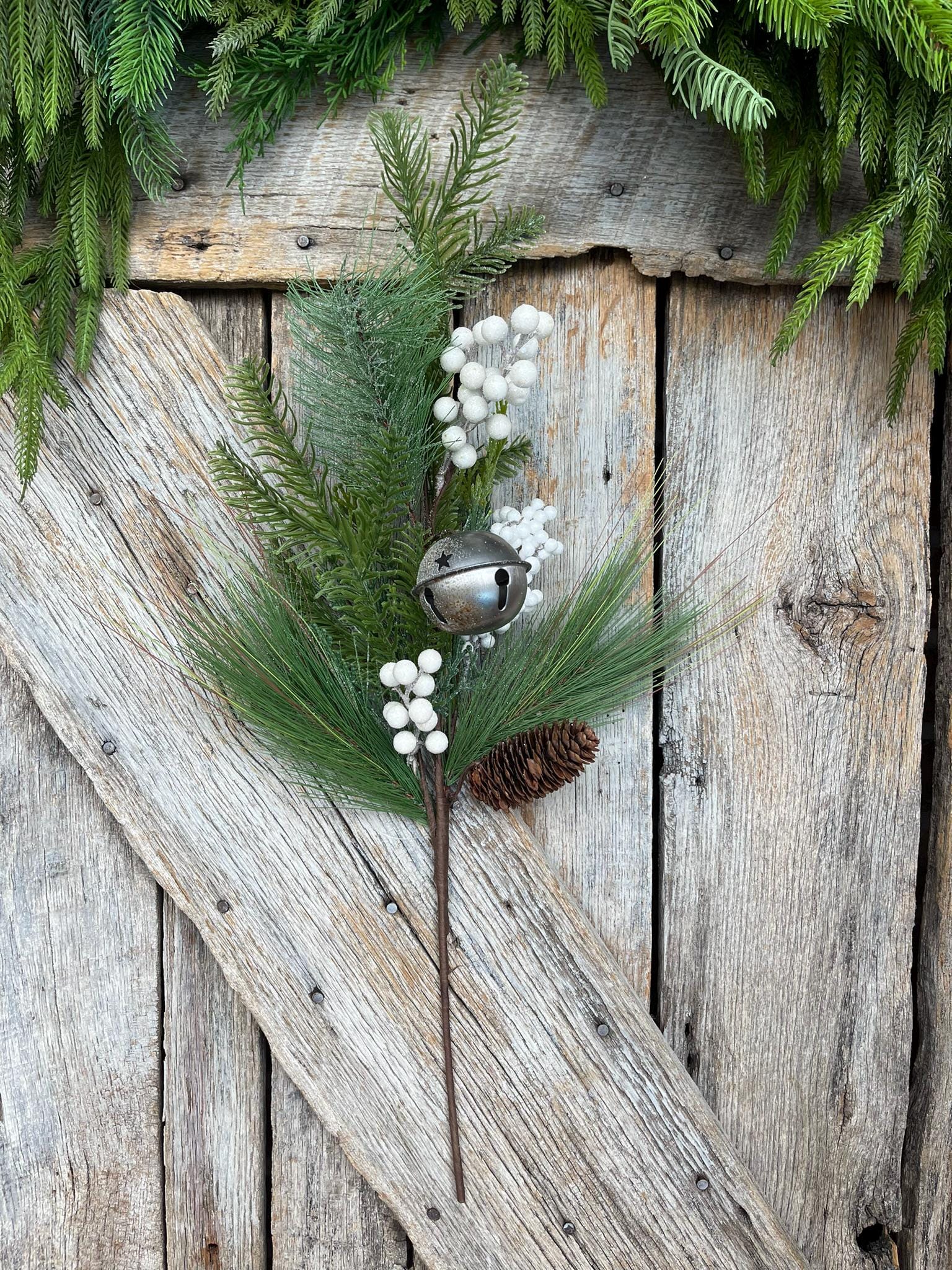 26" Pine Berry Bell Spray, Artificial Pine Spray, White Berry Spray, Christmas Pine, Winter Pine, 64222