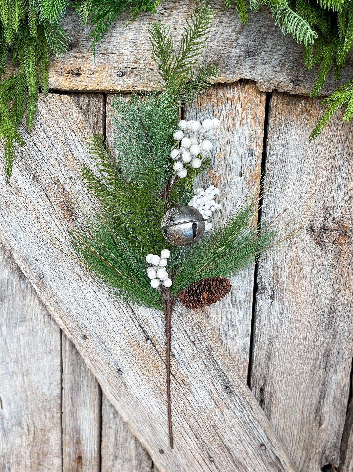 26" Pine Berry Bell Spray, Artificial Pine Spray, White Berry Spray, Christmas Pine, Winter Pine, 64222