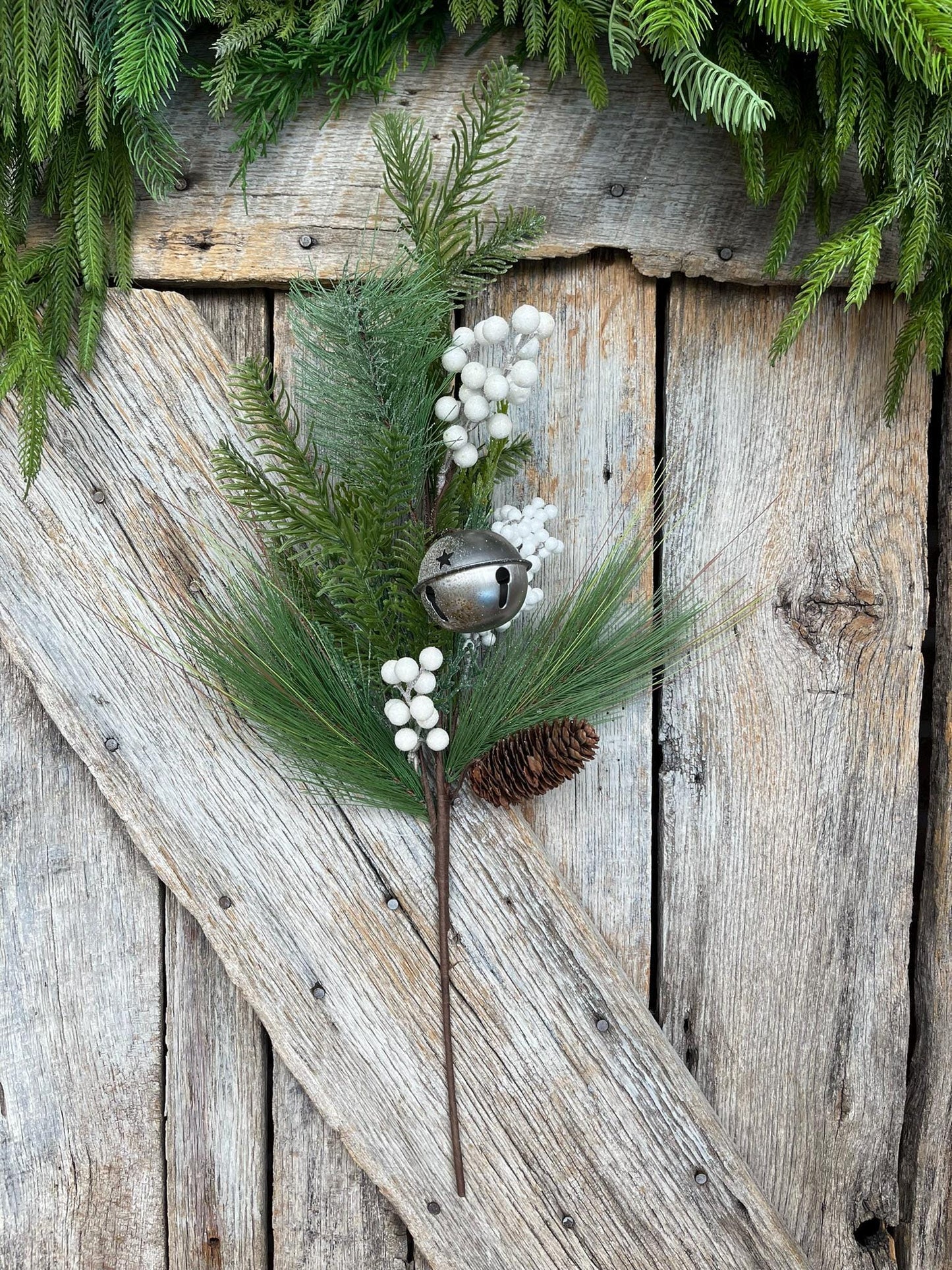 26" Pine Berry Bell Spray, Artificial Pine Spray, White Berry Spray, Christmas Pine, Winter Pine, 64222