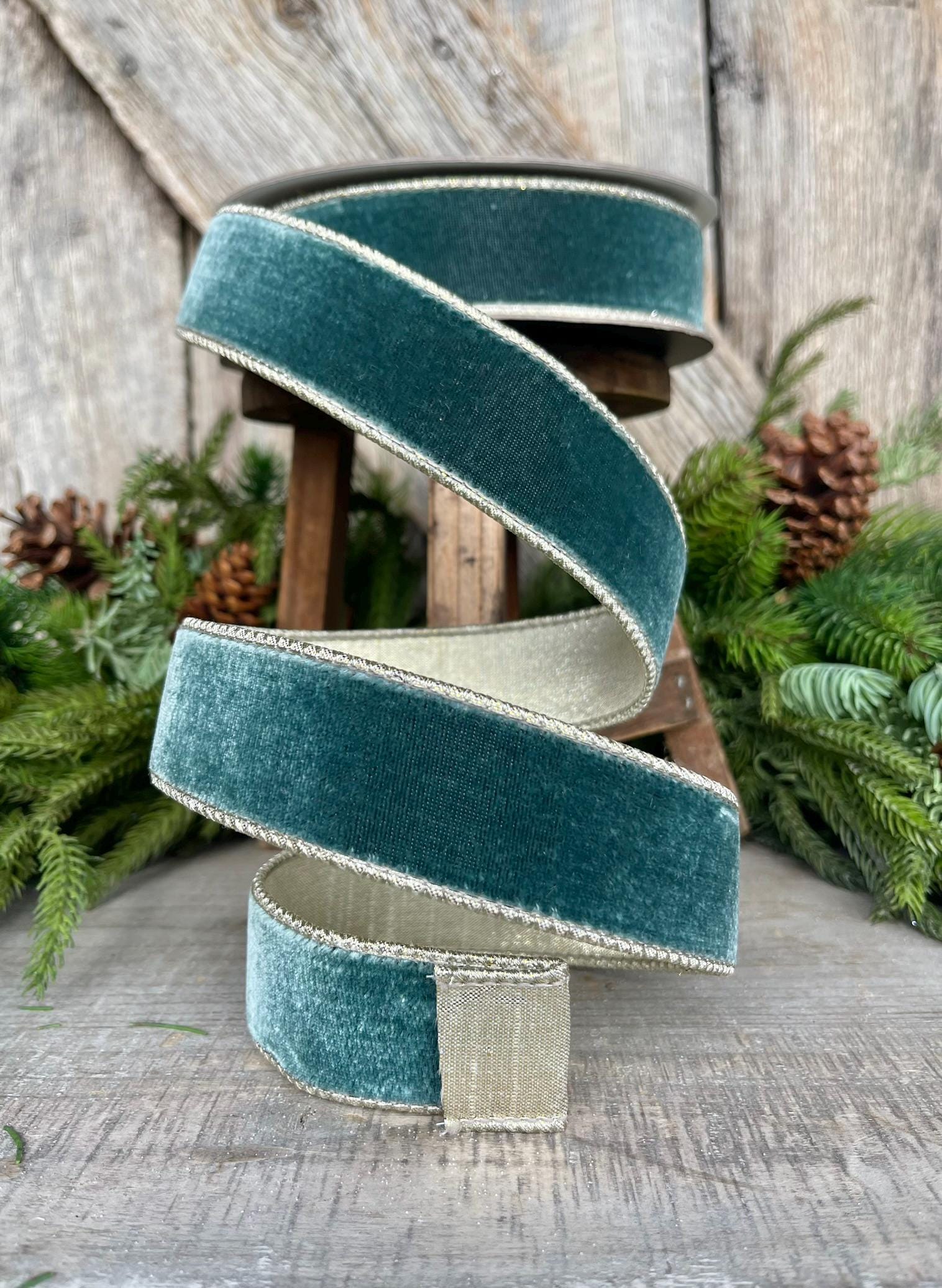 1.5" Teal Celadon Flashy Velvet Ribbon, Farrisilk ribbon