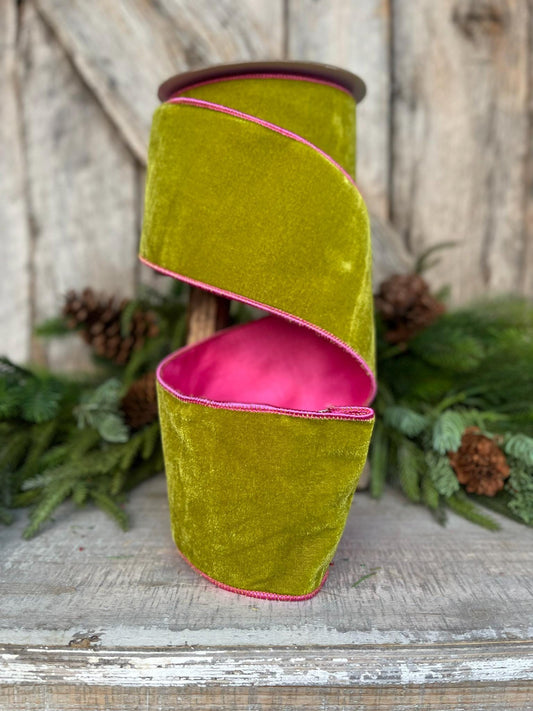 4" Lime Green and Pink Velvet Ribbon, Velvet Ribbon, Wired Ribbon