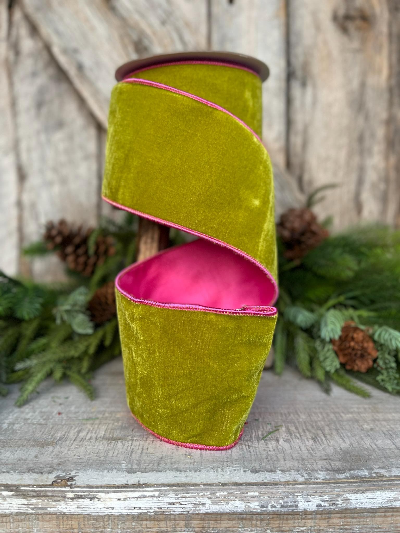 4" Lime Green and Pink Velvet Ribbon, Velvet Ribbon, Wired Ribbon, Pink Ribbon, Christmas Ribbon, 2 tone ribbon