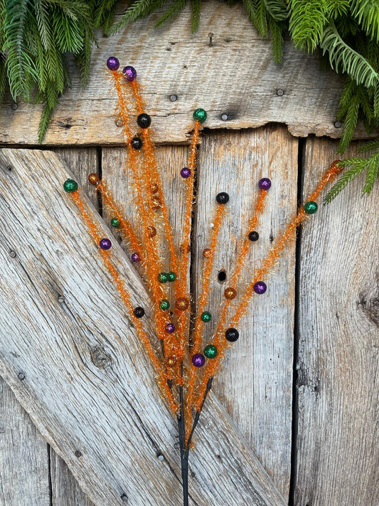 31" Orange Halloween Tinsel Spray, Halloween Picks and Stems