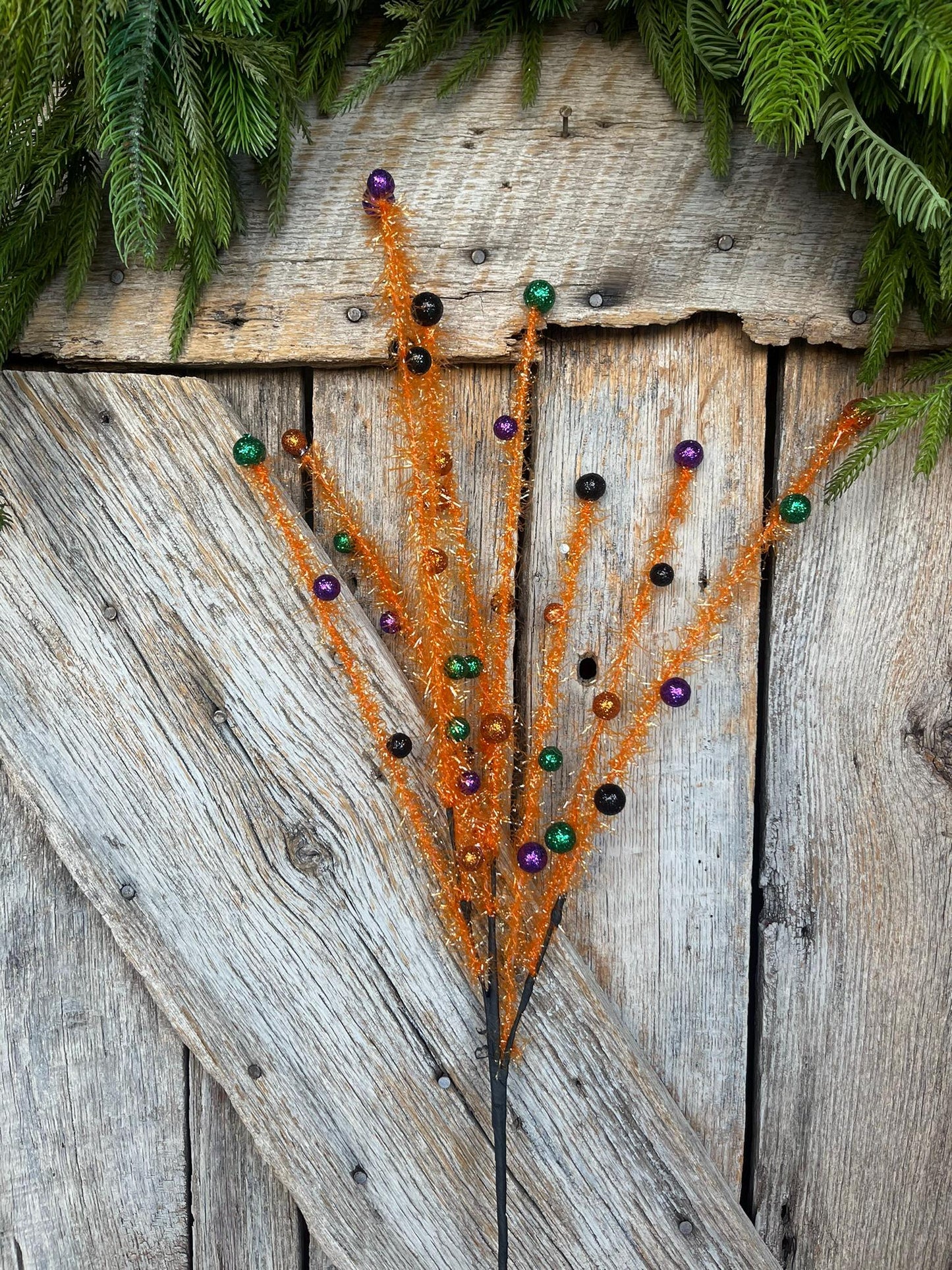 31" Orange Halloween Tinsel Spray, Halloween Picks and Stems, Orange Floral Spray