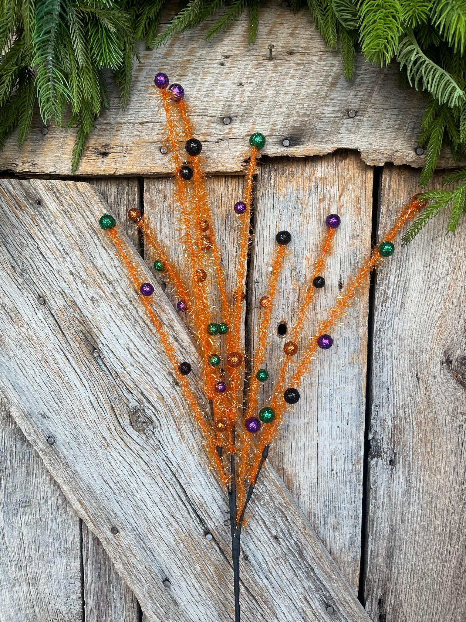 31" Orange Halloween Tinsel Spray, Halloween Picks and Stems, Orange Floral Spray