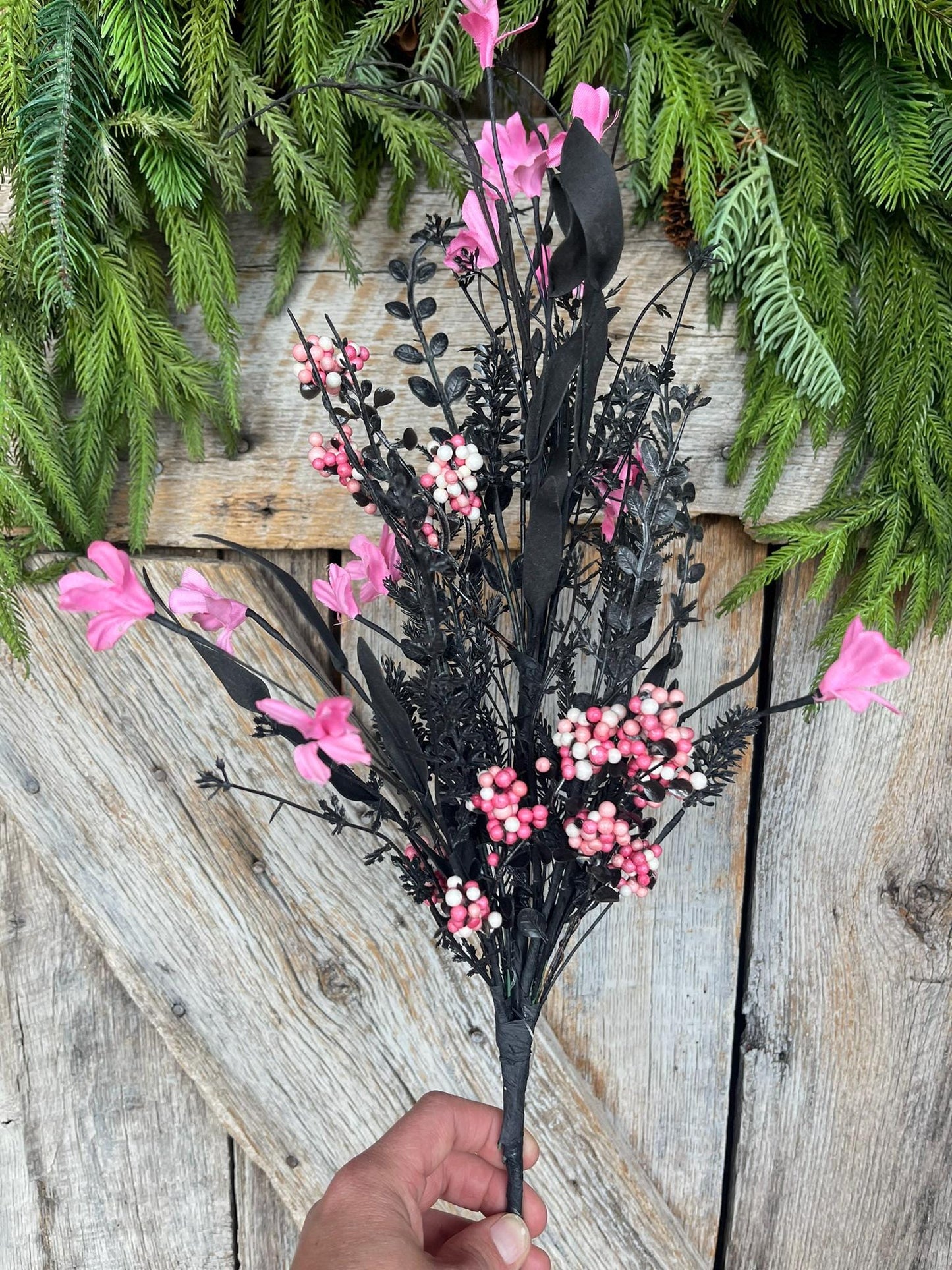 24" Black Pink Halloween Spray, 60919, Black Pink MIxed Leaf Spray, Halloween Greenery, FH807156