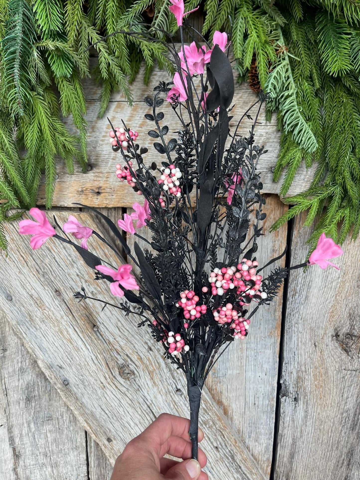 24" Black Pink Halloween Spray, 60919, Black Pink MIxed Leaf Spray, Halloween Greenery, FH807156