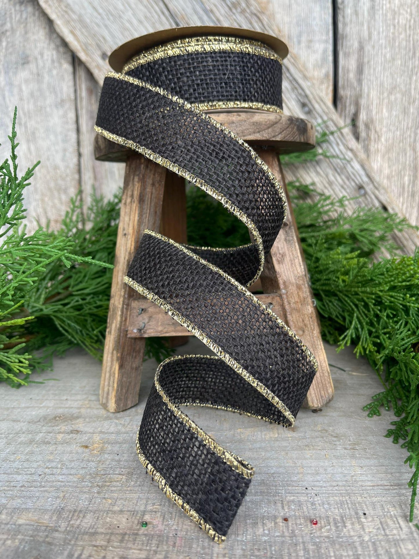 1.5" Black burlap wired ribbon, Black ribbon