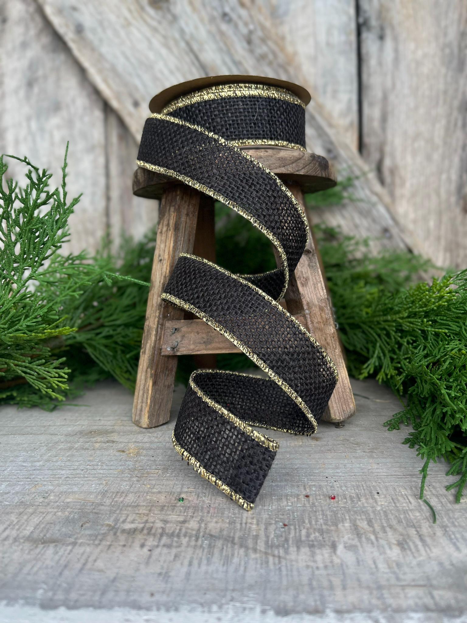 1.5" Black burlap wired ribbon, Black ribbon