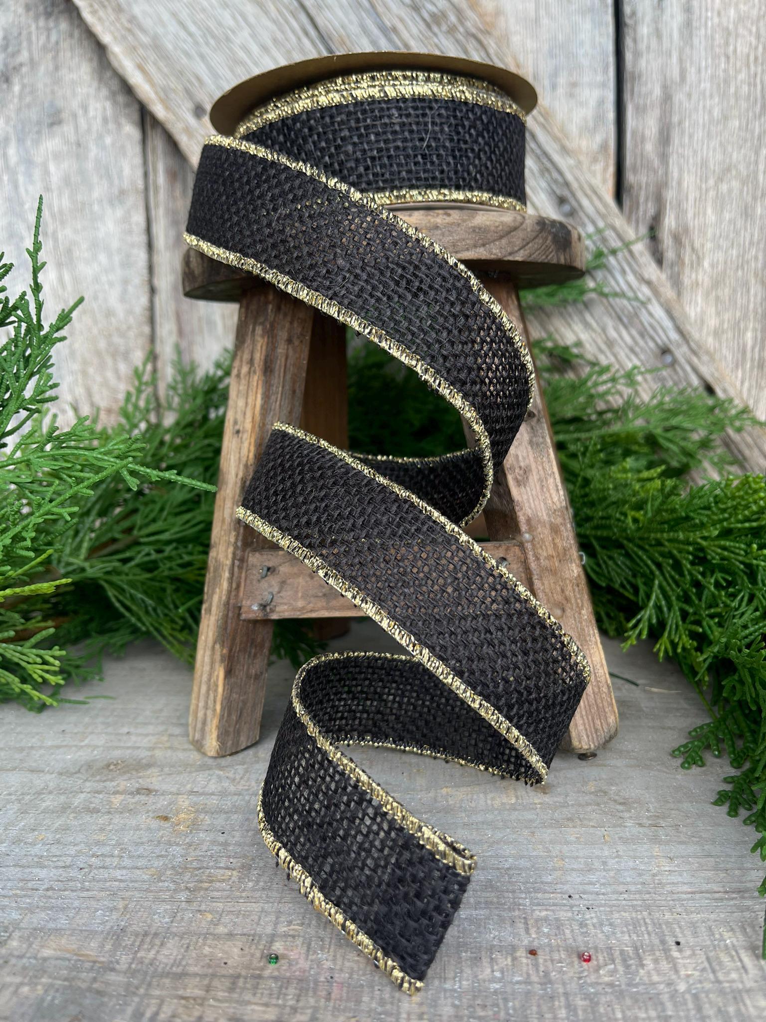 1.5" Black burlap wired ribbon, Black ribbon