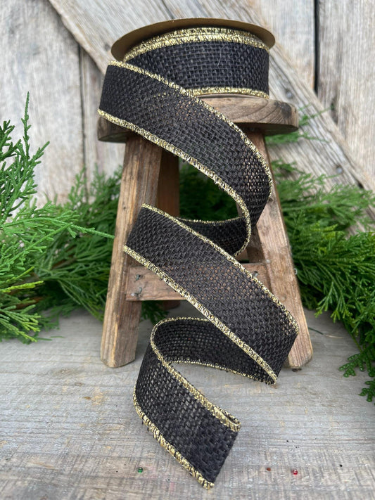 1.5" Black burlap wired ribbon, Black ribbon, Narrow BLack Ribbon