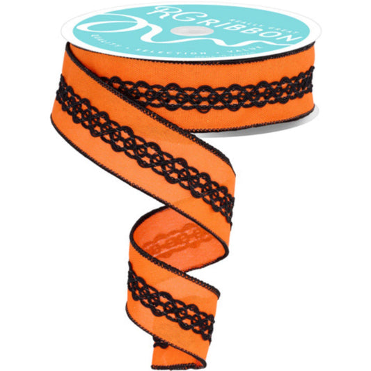 1.5" Orange and black corded wired ribbon, Halloween Ribbon